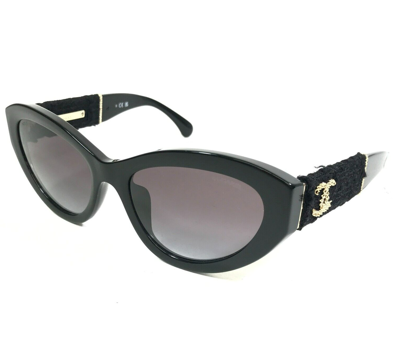 Chanel Sunglasses 5513-A c.622/S6 Black Tweed Gold Frames Gray