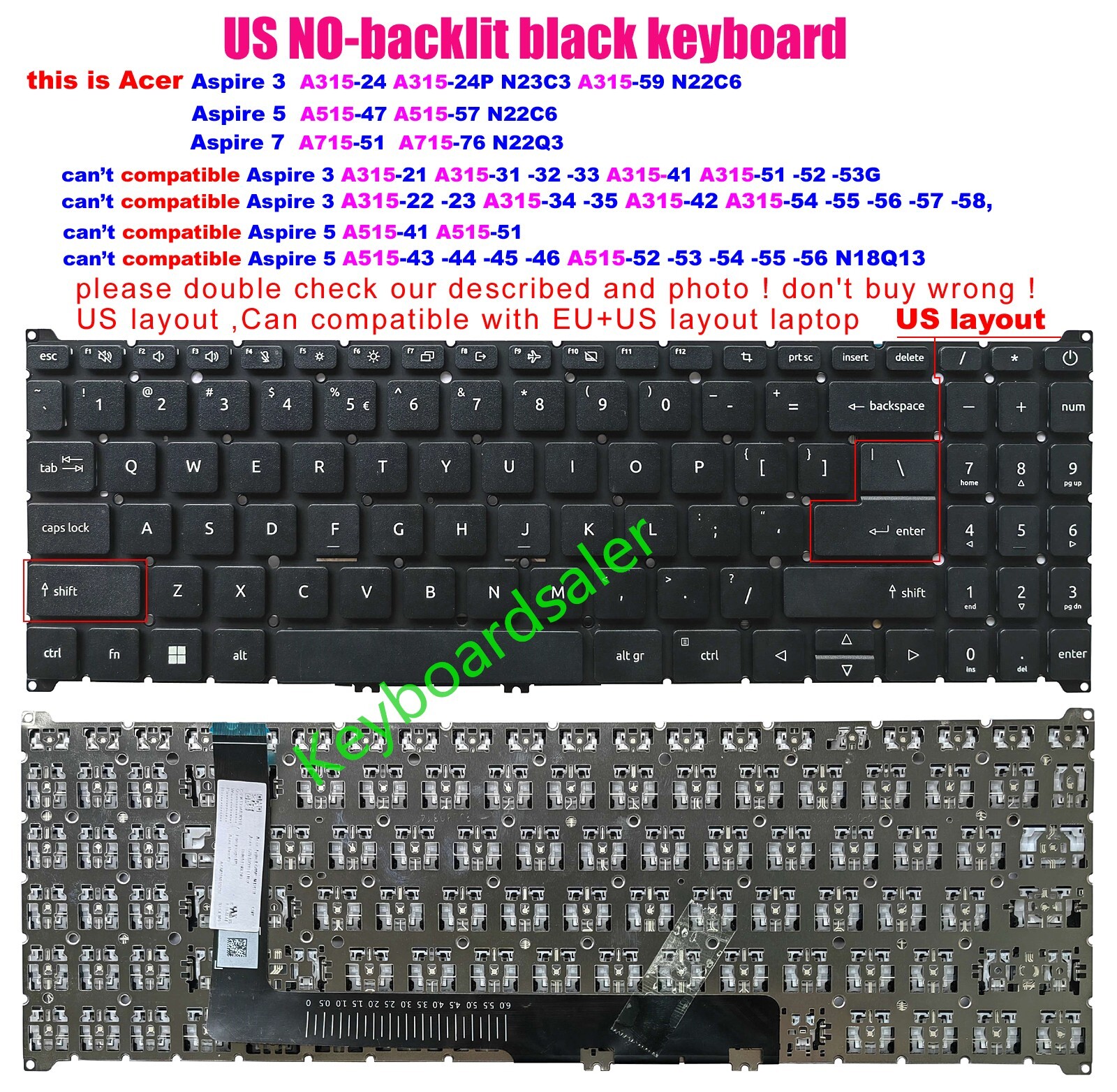 US no-backlit keyboard For Acer Aspire 3 A315-59 Aspire 5 A515-57