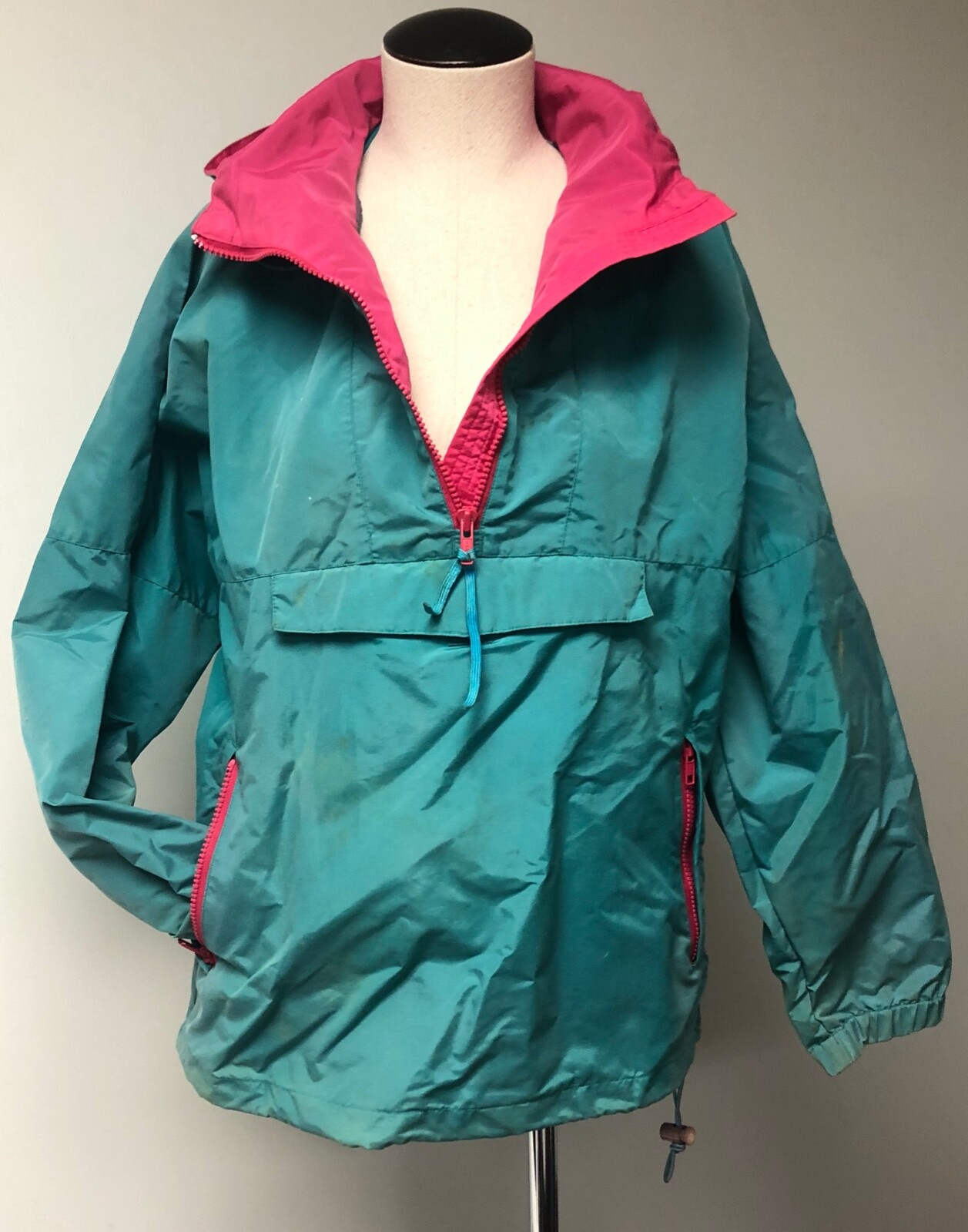 EMS VNTG EASTERN MOUNTAIN SPORTS 80s TEAL PINK WNDBREAKER HOODED