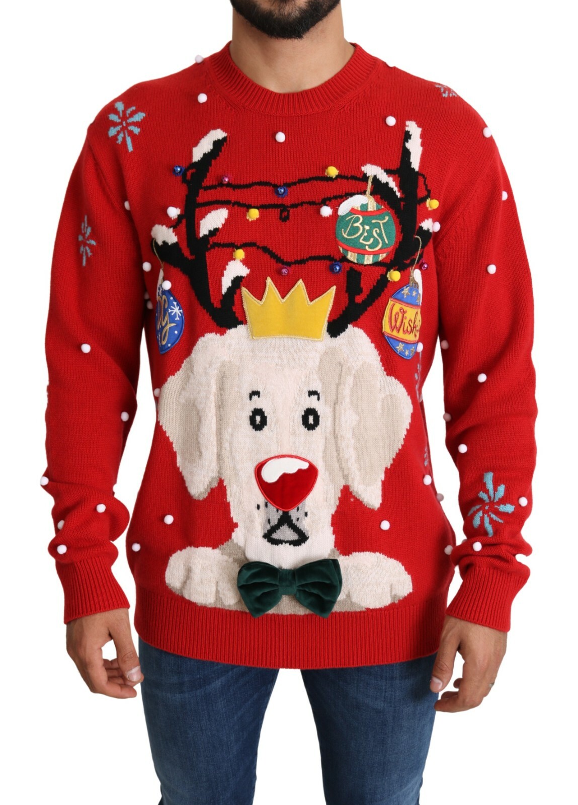 DOLCE & GABBANA Sweater Cashmere Red Christmas Dog Pullover IT44