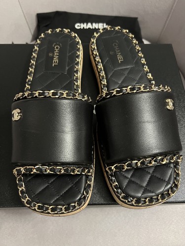 CHANEL SANDALS MULES SHOES BLACK-LEATHER WITH GOLD CHAIN SIZE 39