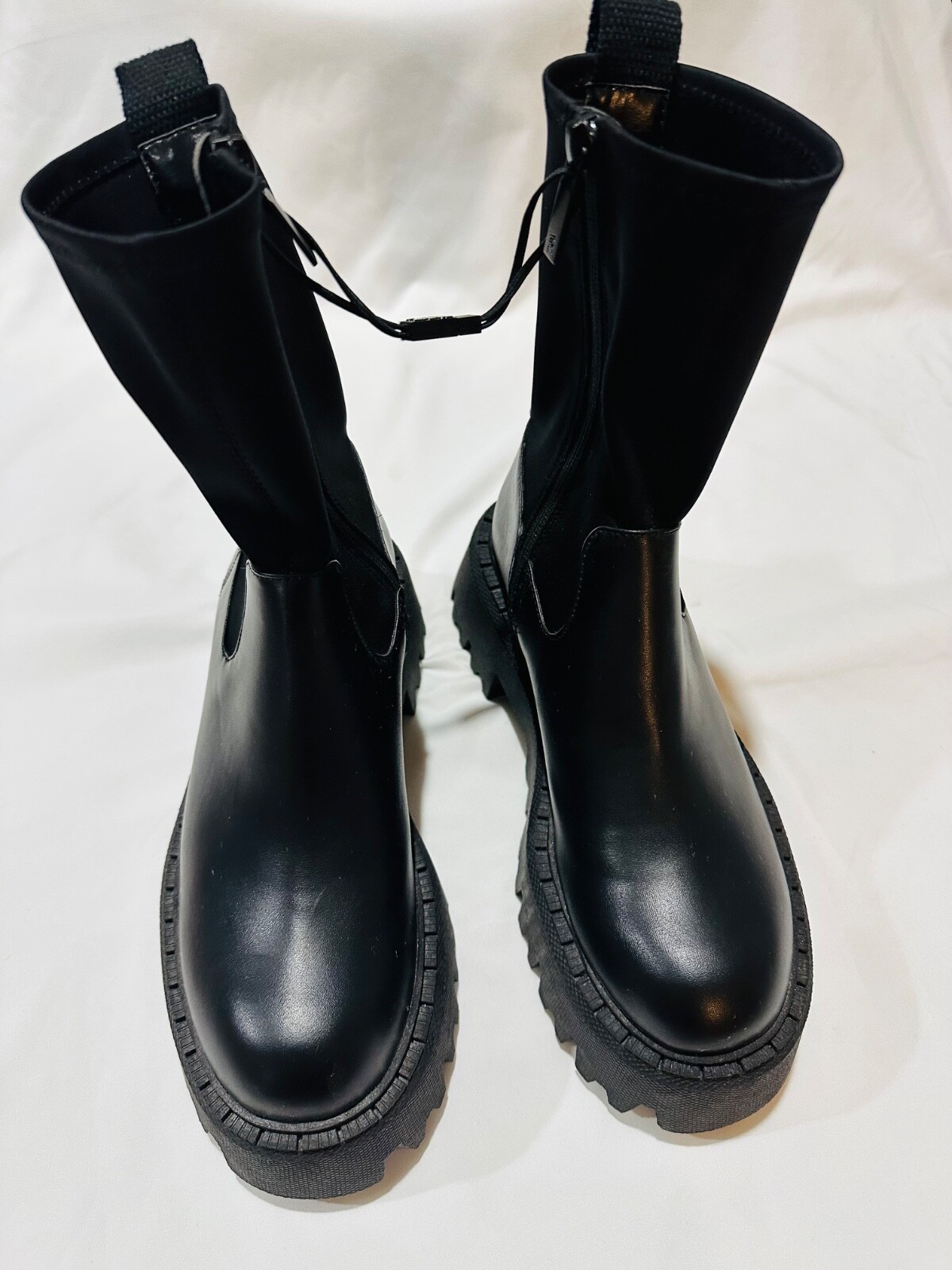 Zara Platform Boots Women's Size 37 Black Sock Side Zip Thick