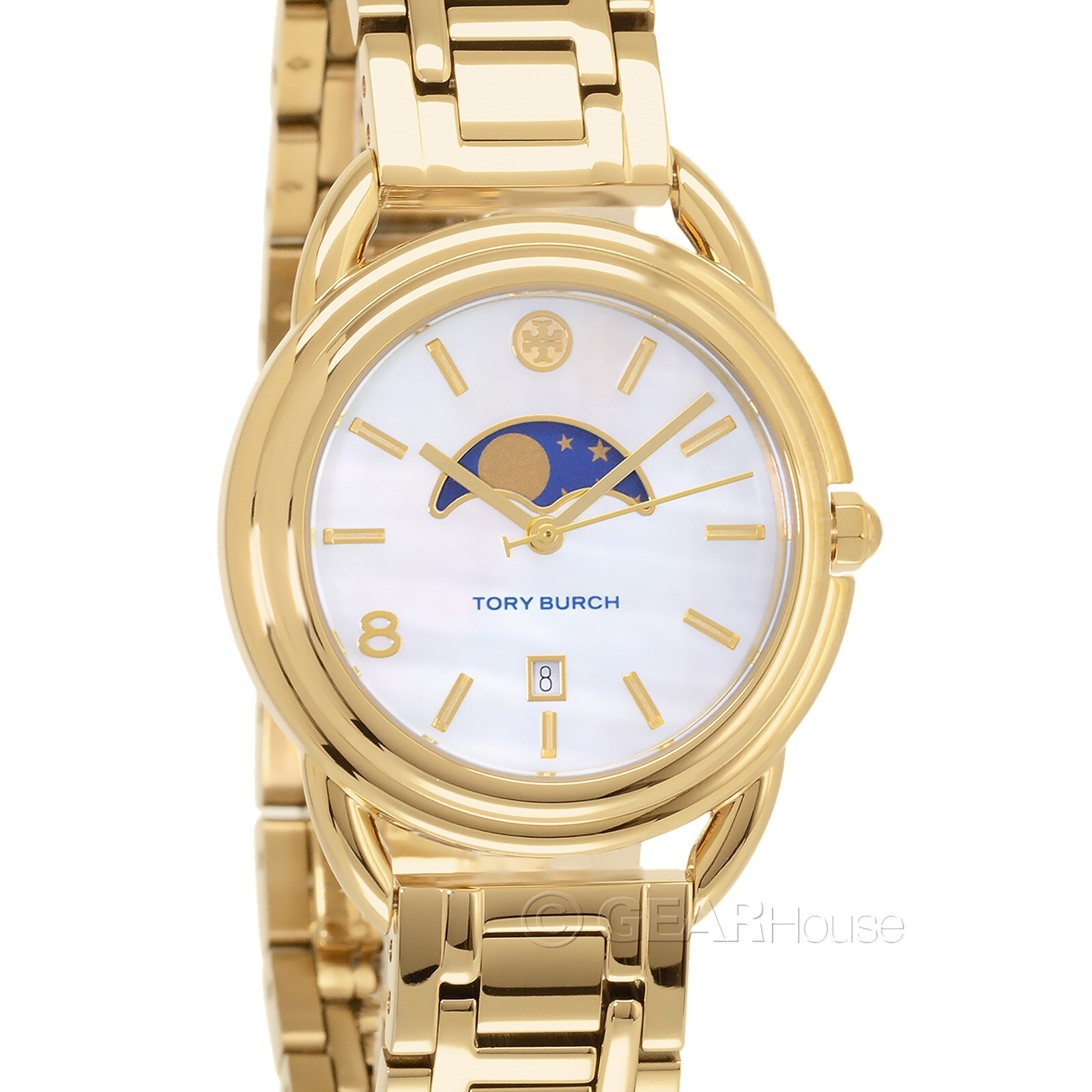 Tory Burch Womens Miller Moon Phase Watch, White MOP Dial, Gold