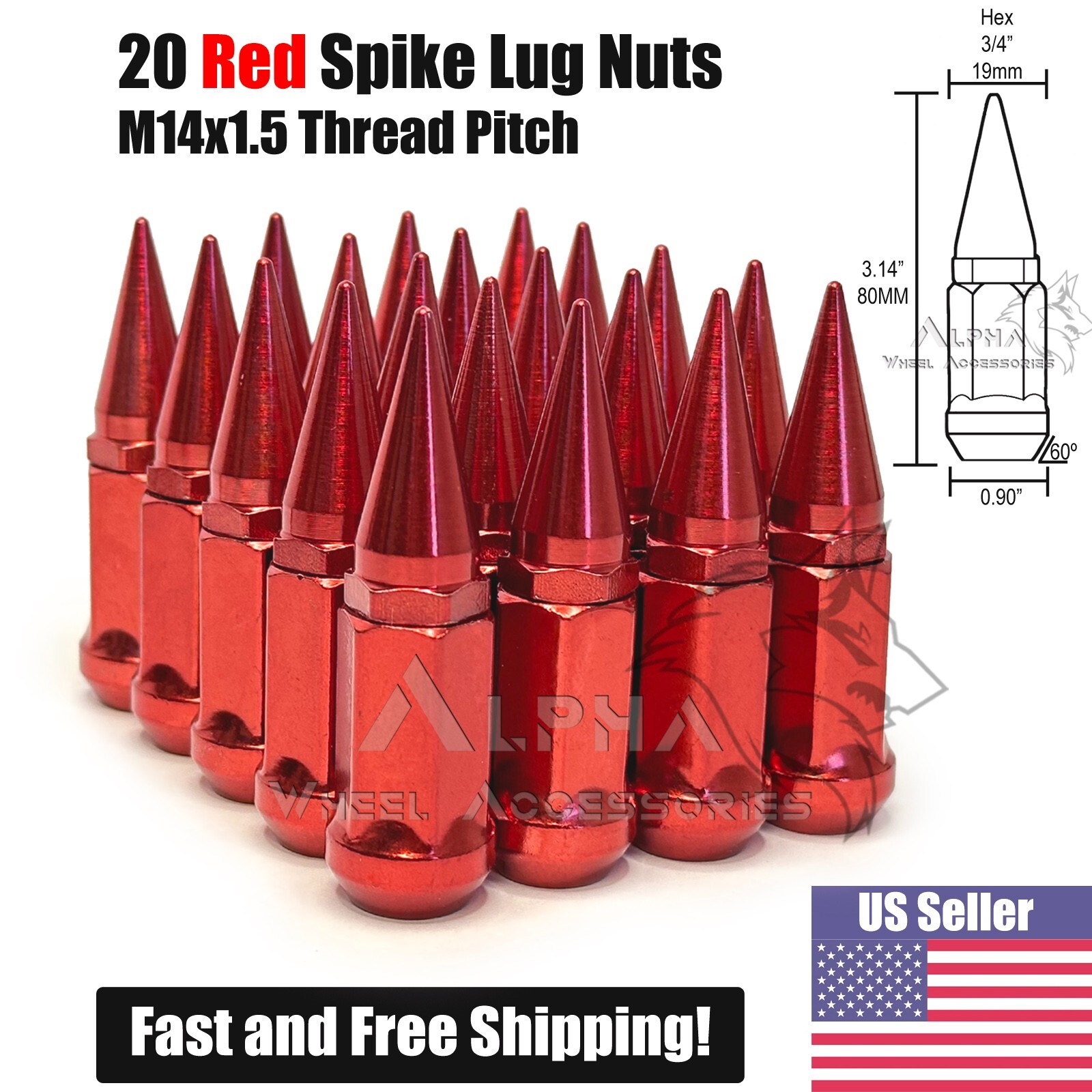 20 Red Spike Lug Nuts 14X1.5 For Chevy Camaro Dodge Challenger