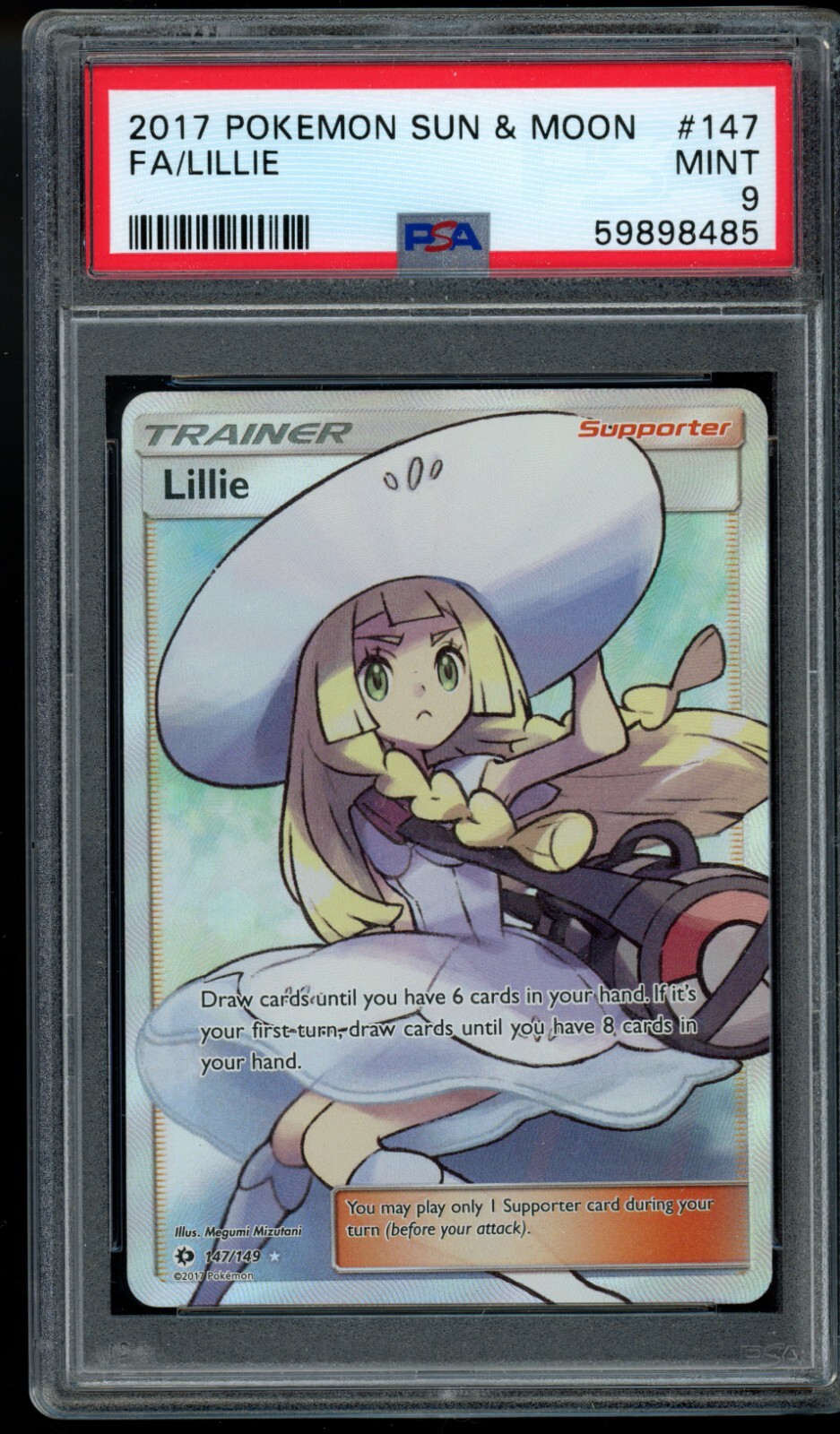 PSA 9 Lillie 147 Full Art Trainer Pokemon Card Sun Moon Base Mint