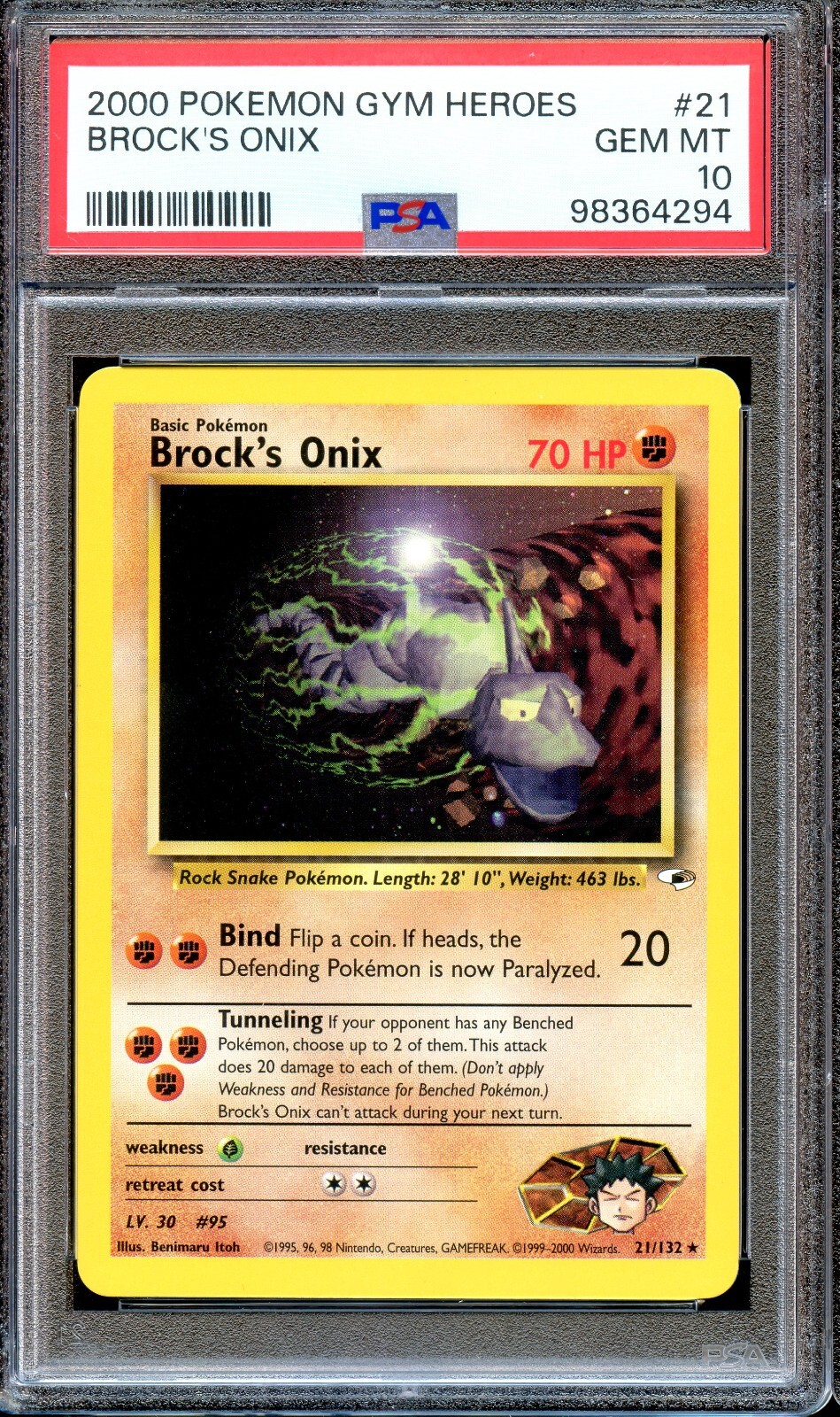 PSA 10 Brock's Onix Gym Heroes 21/132 Unlimited Pokemon Card GEM