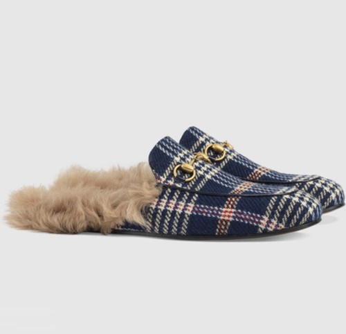 NIB Gucci Mens Princetown Slip On Shearling Fur Slipper - Blue