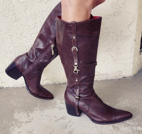 CESARE PACIOTTI Brown Leather Pointy Buckle Knee-High Riding Boots