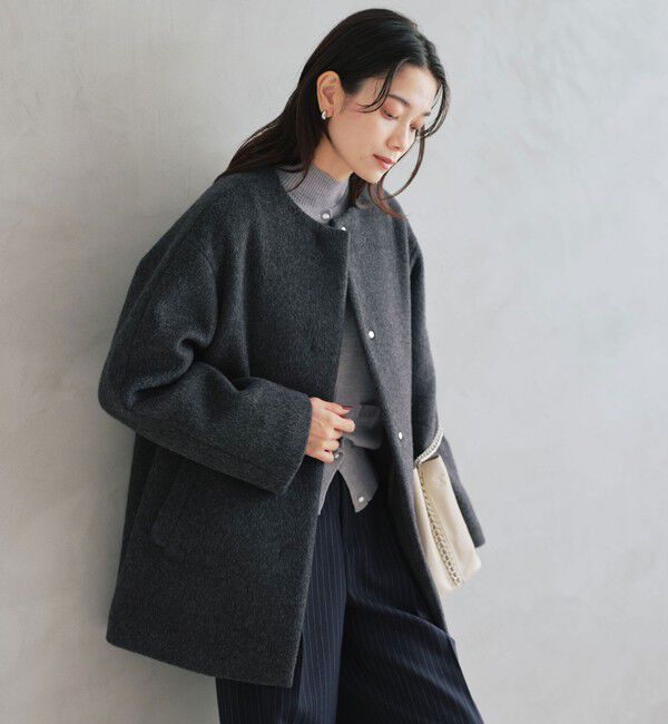 size SHORTあり］アンゴラビーバー ノーカラー ミドル コート（UNITED