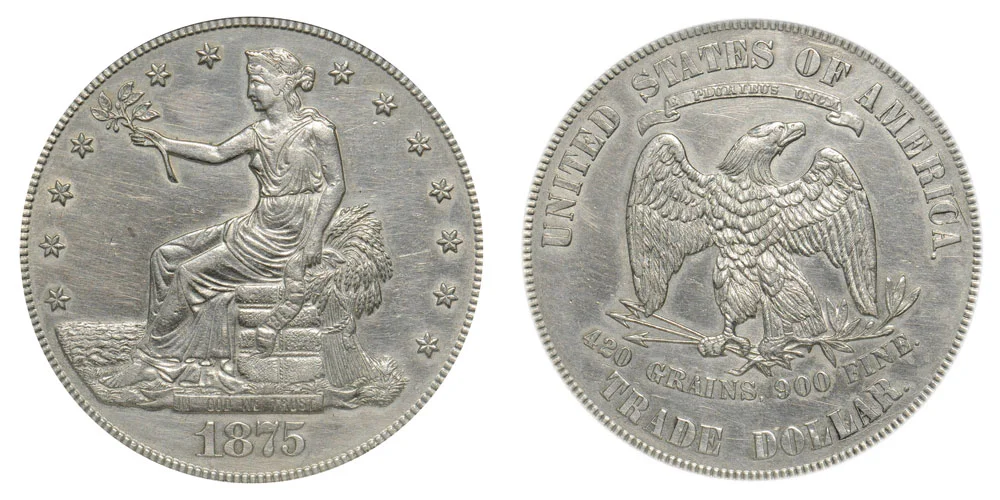1875 Trade Silver Dollar Type 1 Reverse Coin Value Prices, Photos