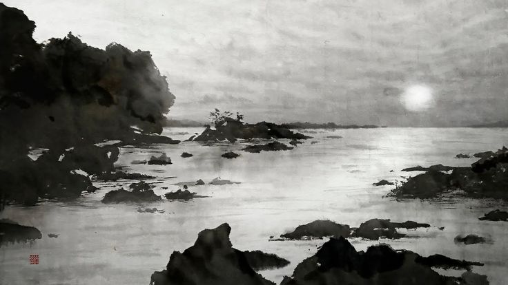 水墨画】 墨一筆 『 日の出 』 ― 風景画・海・朝日・初日の出・sunrise ―