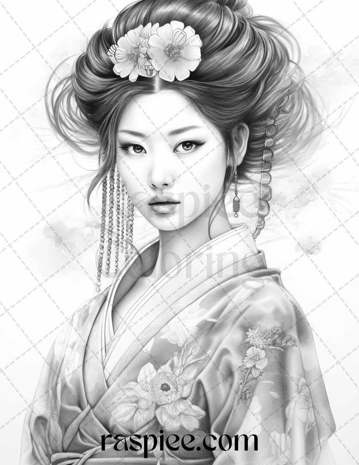 40 Beautiful Japanese Girls Grayscale Coloring Pages Printable for Adu
