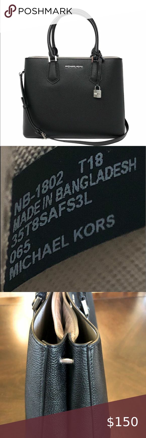 Michael Kors • Adele Black Leather Satchel Bag • Silver Hardware