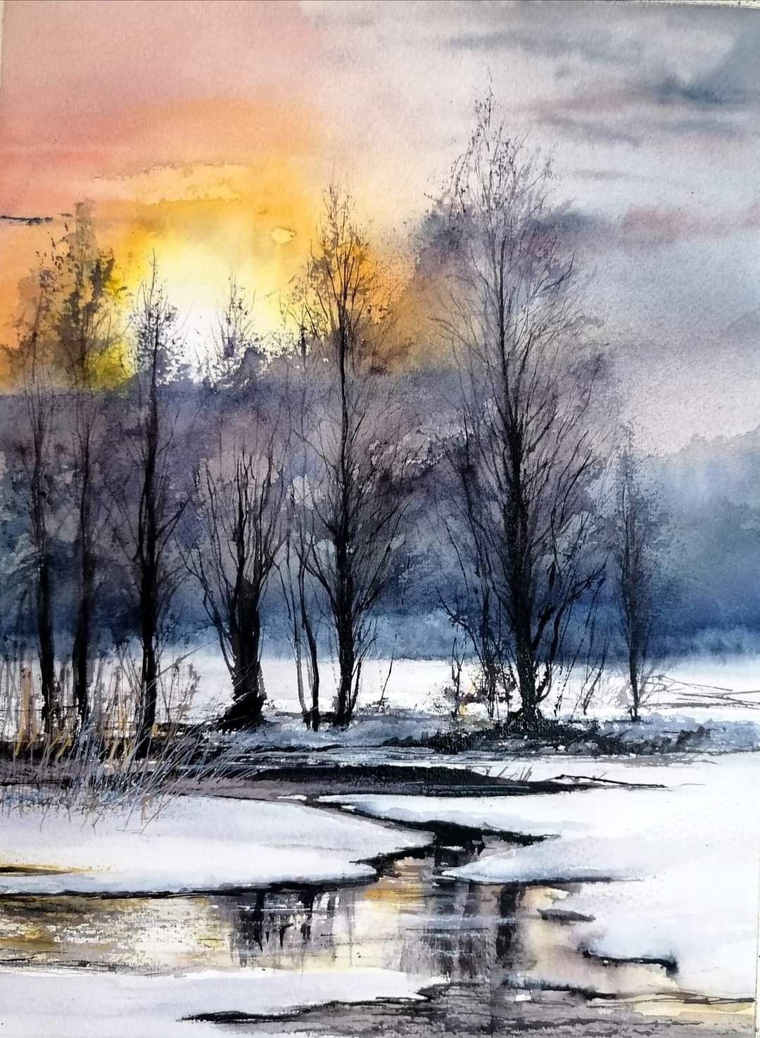 透明水彩画 原画 「雪景色01」額縁付 F4サイズ 風景画 【公式通販】