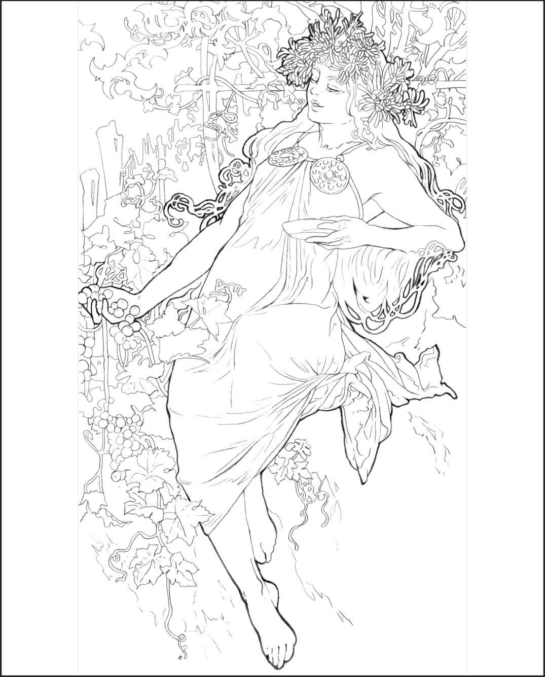 Mucha 線画スタイル 女性肖像画 アルフォンス・マリア・ミュシャ