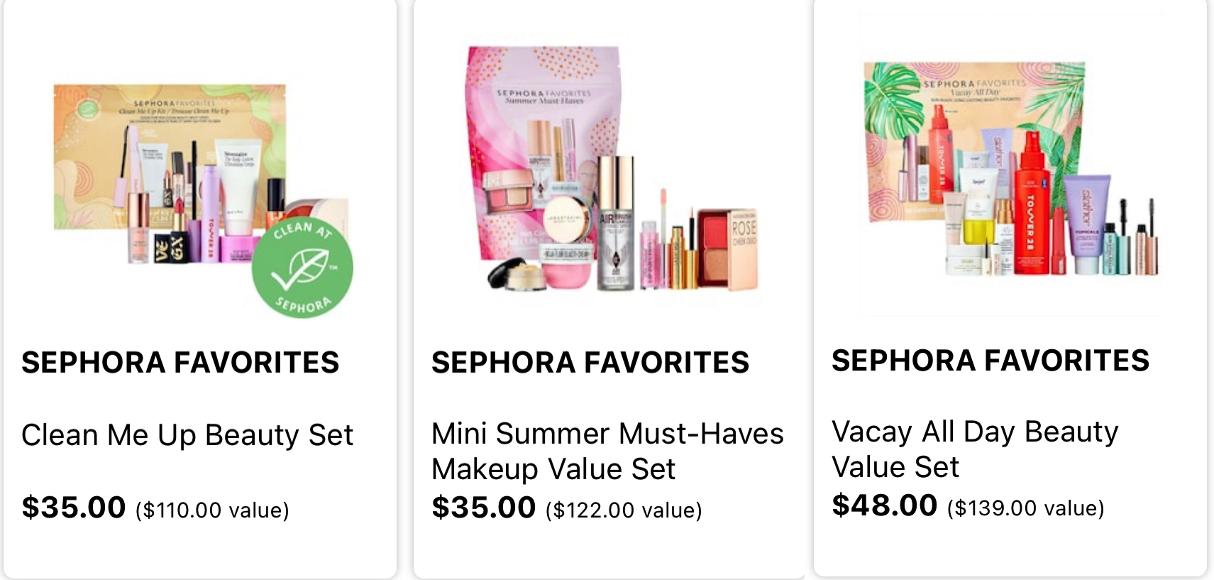 Three new Sephora Favorites Sets: Clean Me Up Beauty ($35), Mini