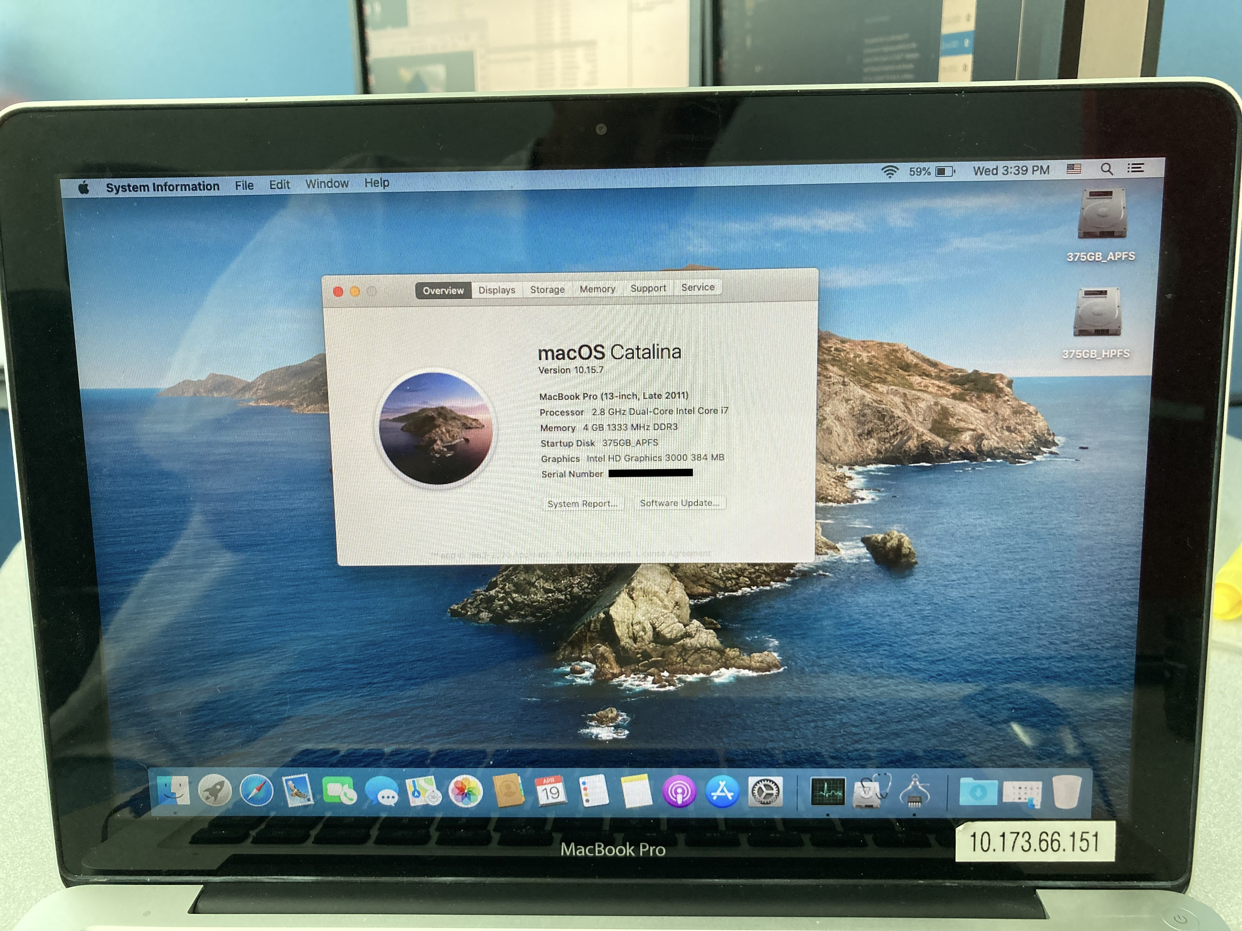 SUCCESS - MacBook Pro 13, late 2011 (model 8,1), running Catalina