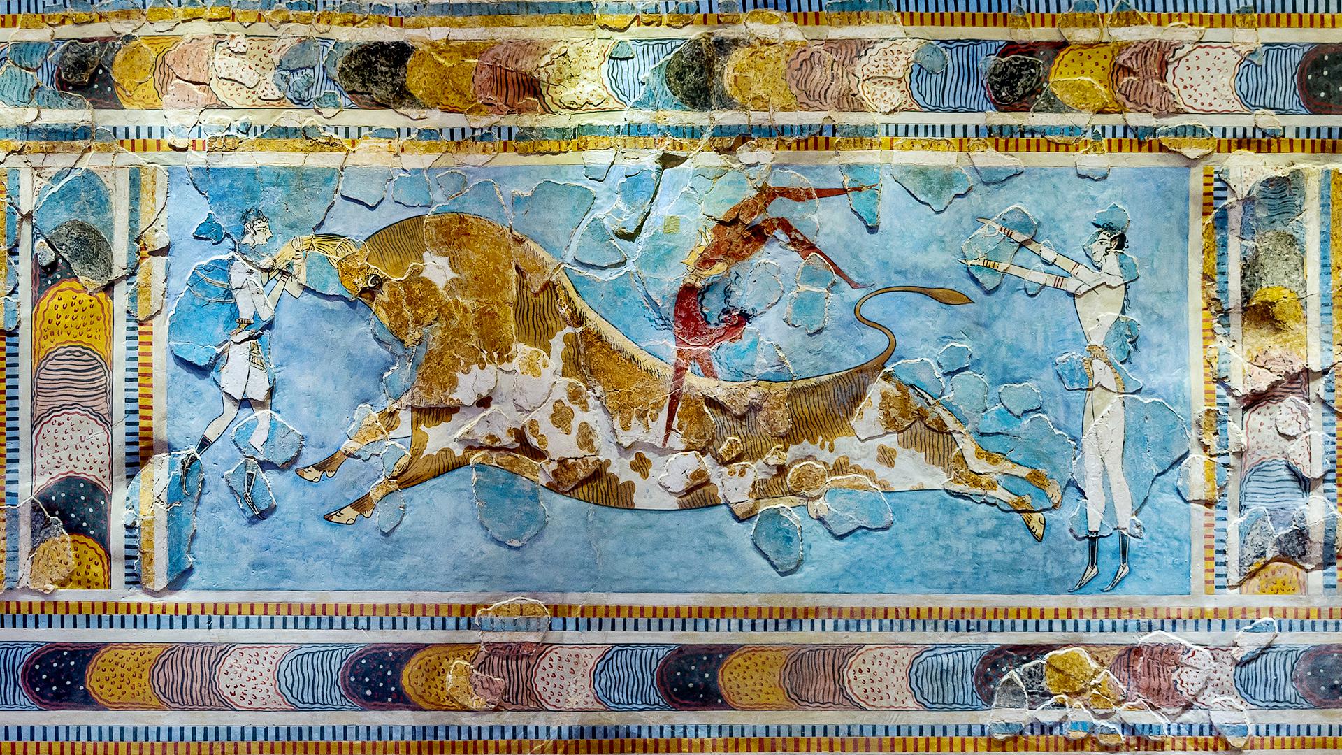 ミノアの牛跳びフレスコ画、クノッソス宮殿、クレタ島、紀元前1650年