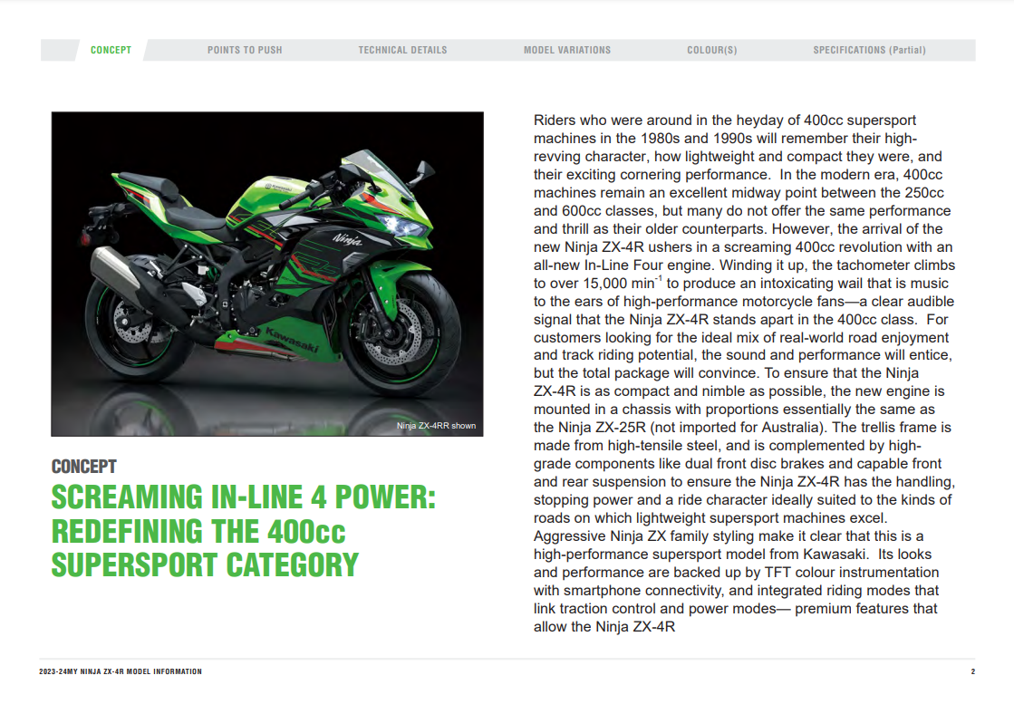 ZX-4R/ZX-4RR Model Information (For Internal Dealer Use) : r/Kawasaki