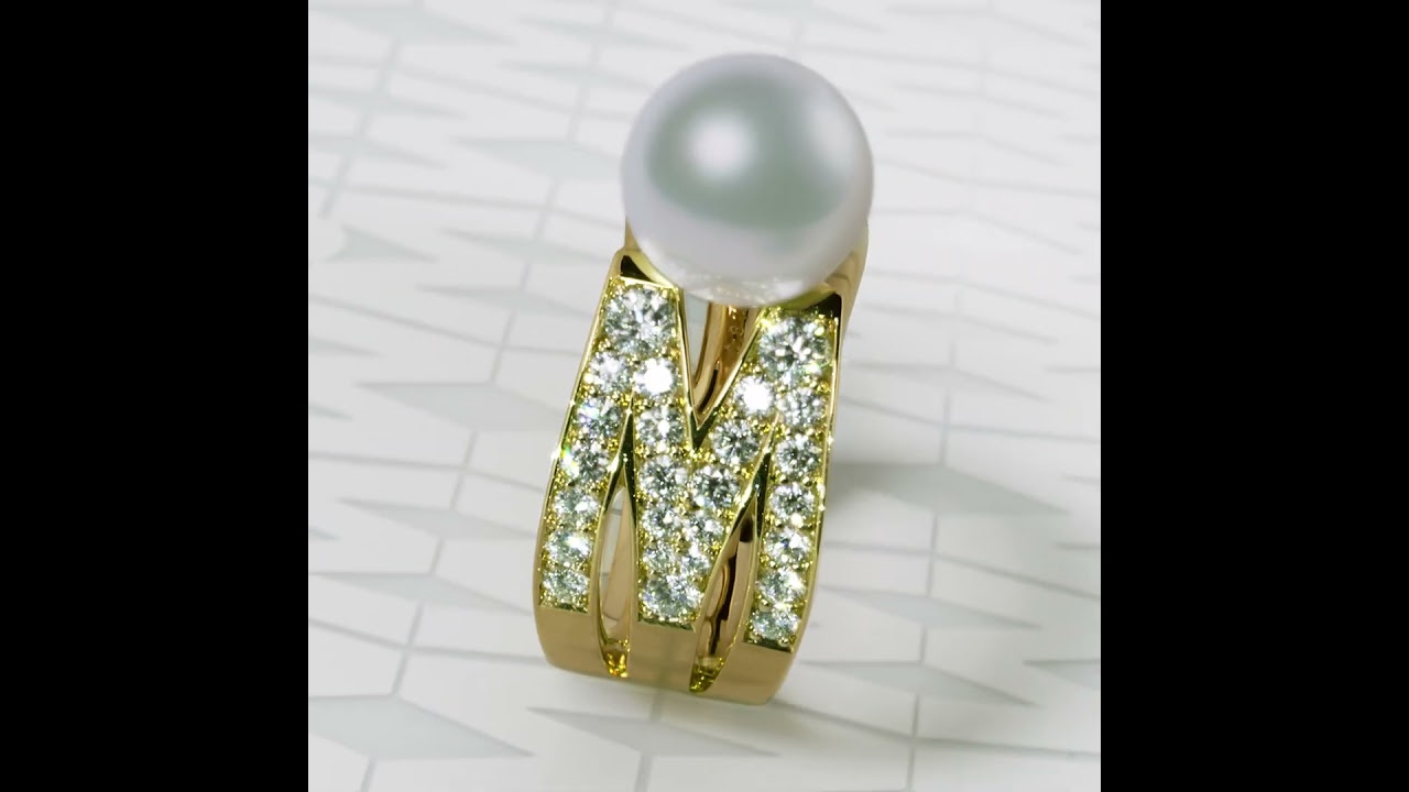 M Signature Akoya Cultured Pearl and Diamond Ring in 18K Yellow Gold