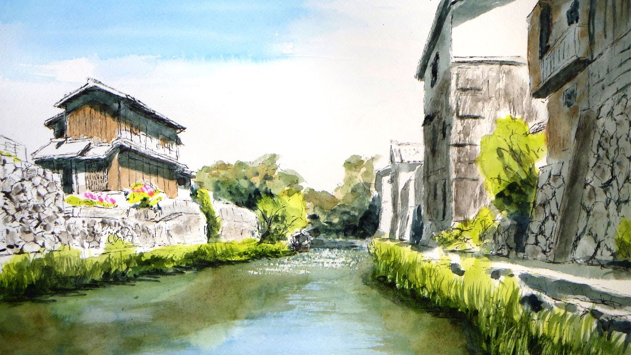 春よ来い】滋賀県、近江八幡の一風景（透明水彩風景画） Come, spring