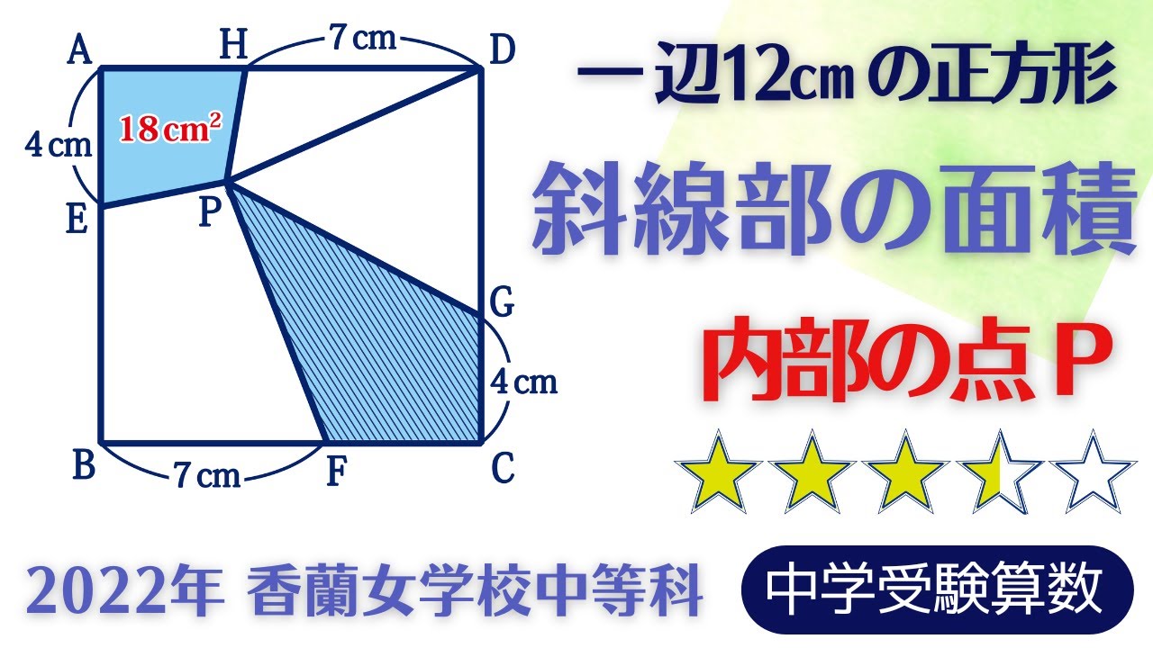 中学受験算数】平面図形 正方形の区切り面積 香蘭女学校中等科 2022年
