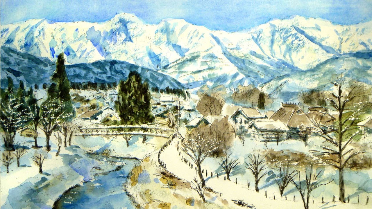 冬晴れの信州の山々（透明水彩風景画） 【大出の吊り橋と白馬の山々