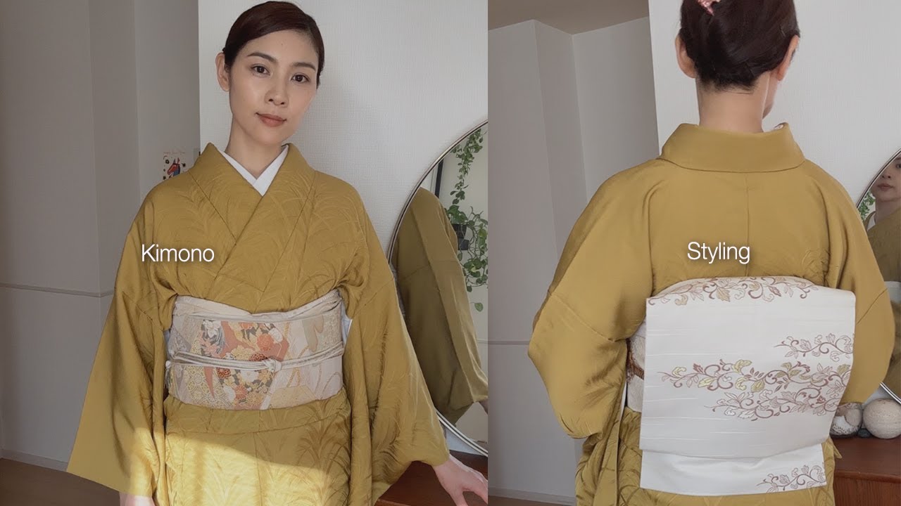 色無地に名古屋帯と袋帯を合わせてみました | Kimono Styling - YouTube