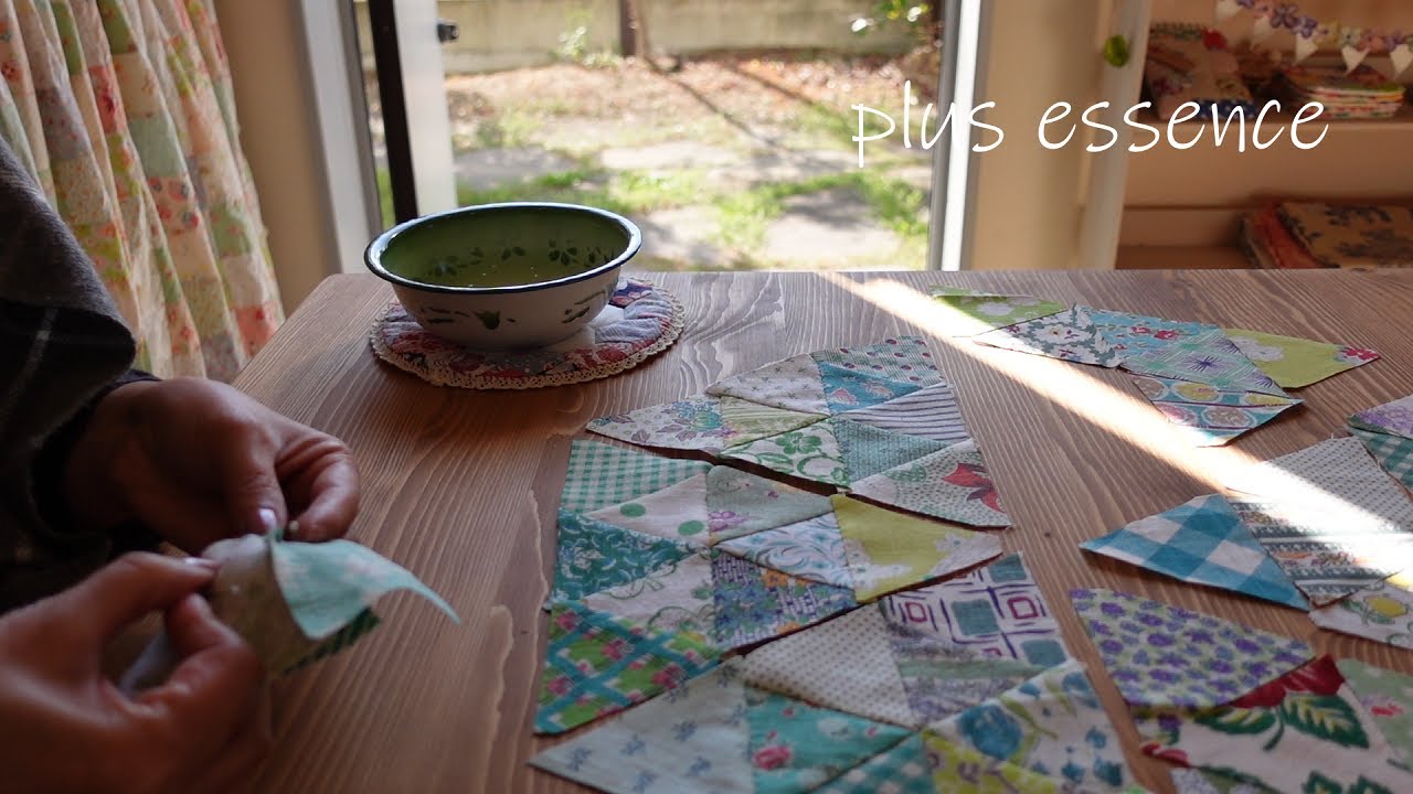 パッチワークvlog】正三角形を繋げて／グリーン系のフィードサック大