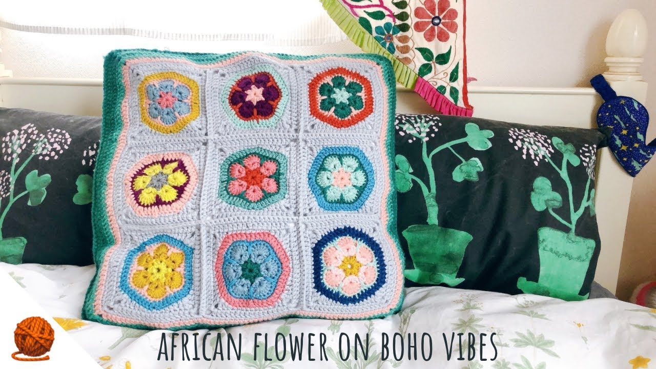 ついに完成]アフリカンフラワーのクッションカバー・かぎ針編み - YouTube