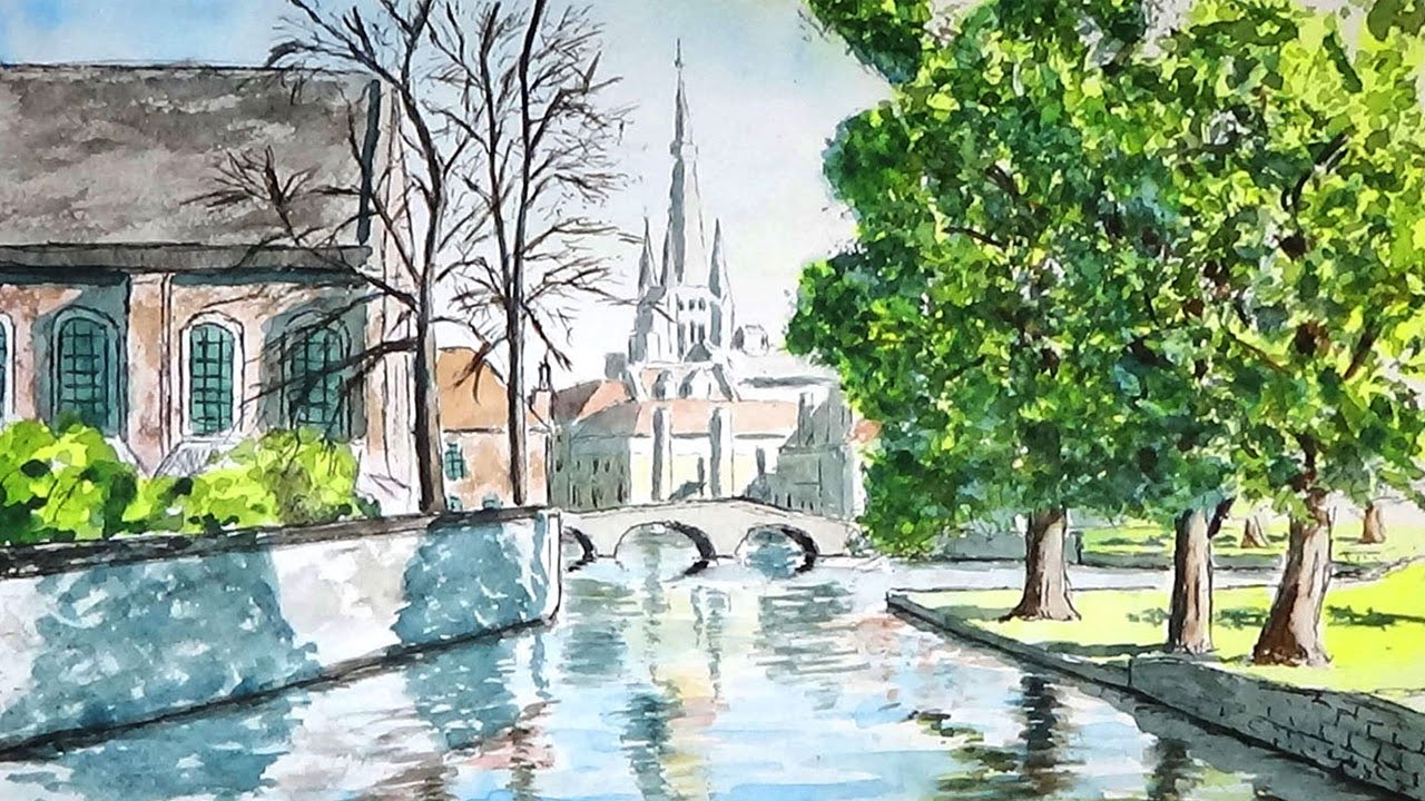 ベルギー ブルージュの運河 (透明水彩風景画) Bruges Canal