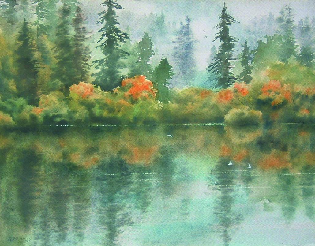 張学忠 「湖辺秋色」 水彩画 2001年 – 国際美術研究所