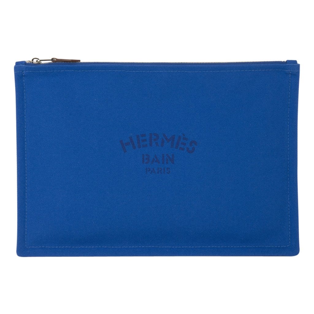 Hermes Bain Flat Yachting Pouch Case Electric Blue Cotton Large