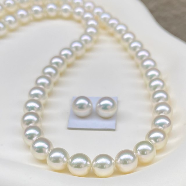 無調色オーロラロゼ鑑別書付きアコヤ真珠ネックレス7.5-8.0㎜グリーン