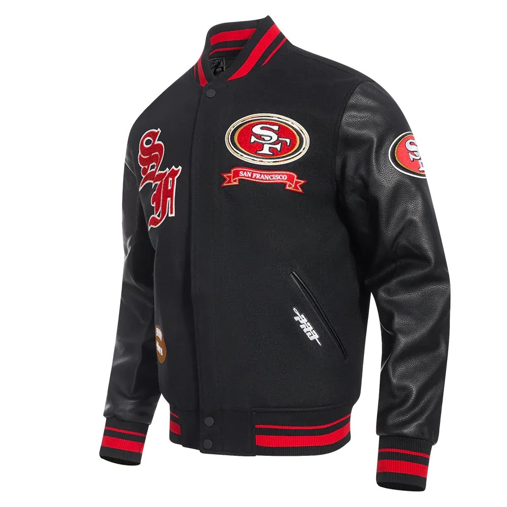 San Francisco 49ers Old English Black Wool & Leather Varsity Jacket