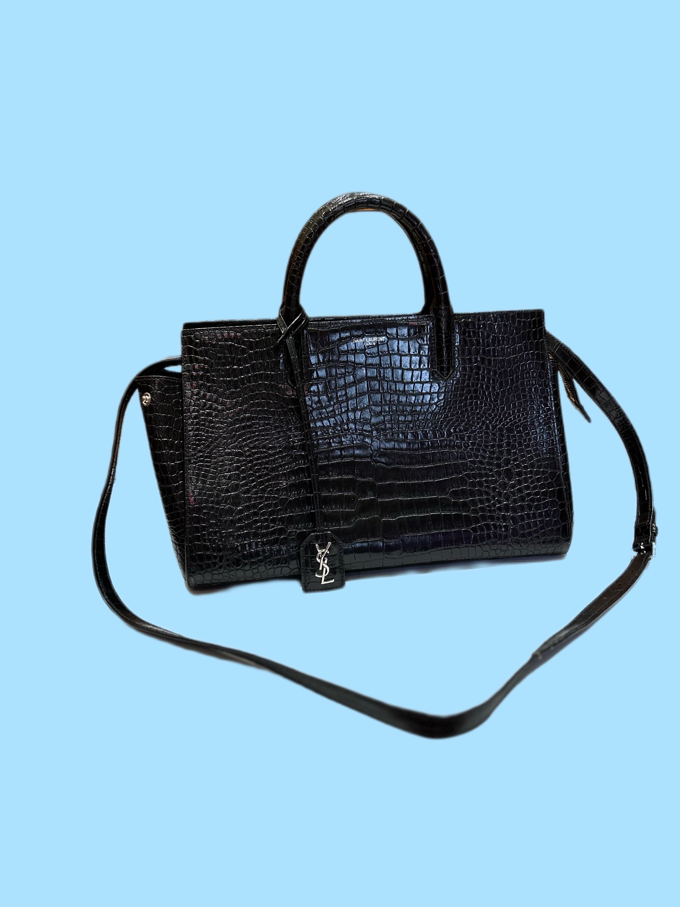 YSL Calfskin Crocodile Embossed Medium Cabas Rive Gauche Blackout