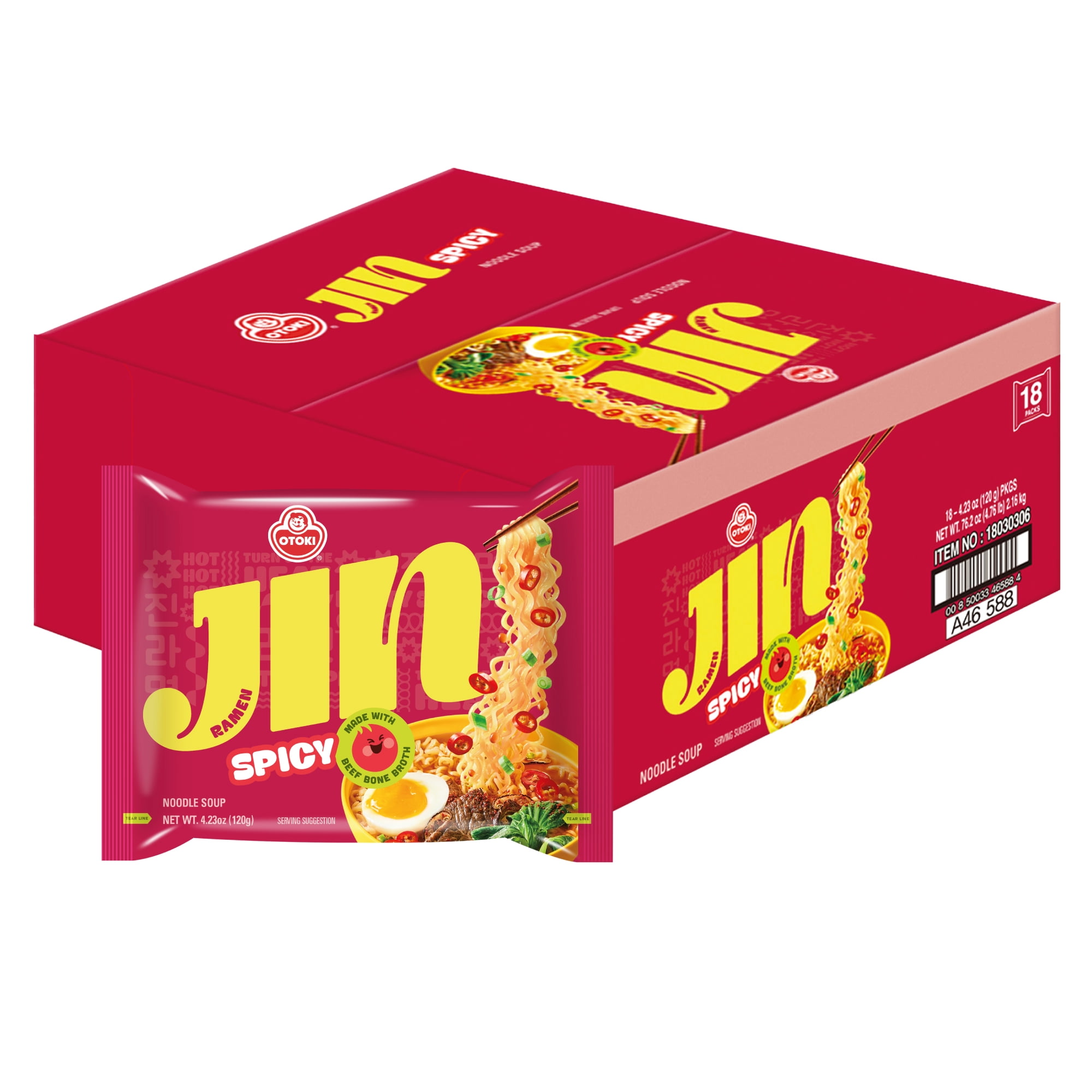OTOKI Jin Ramen Spicy Noodle Soup, Beef Bone Broth, 4.23oz x 18