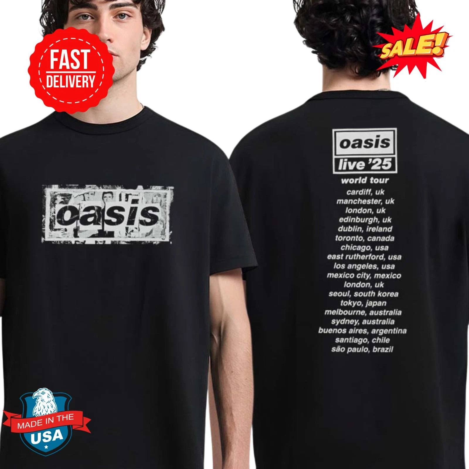 Oasis Live 25 World Tour Box Logo UK Design With Tour Dates Tee