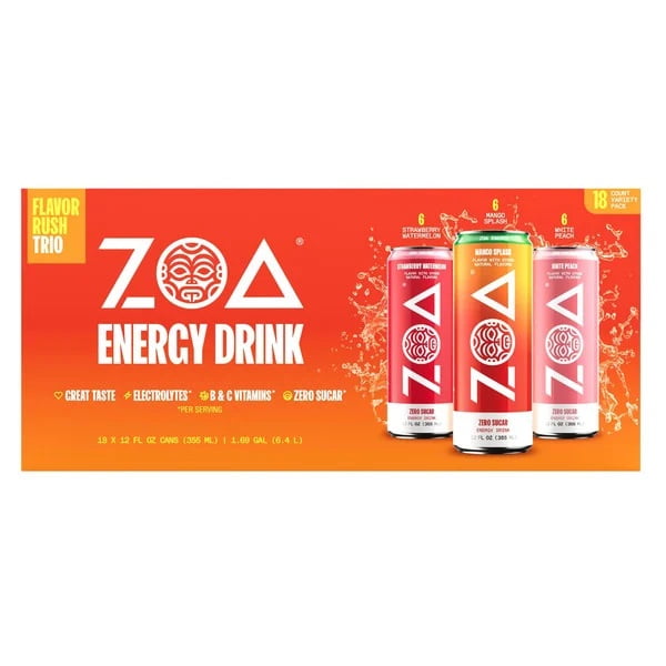 ZOA Energy Drink Variety Pack, 12 oz Cans, Low Sodium, 18 Pack