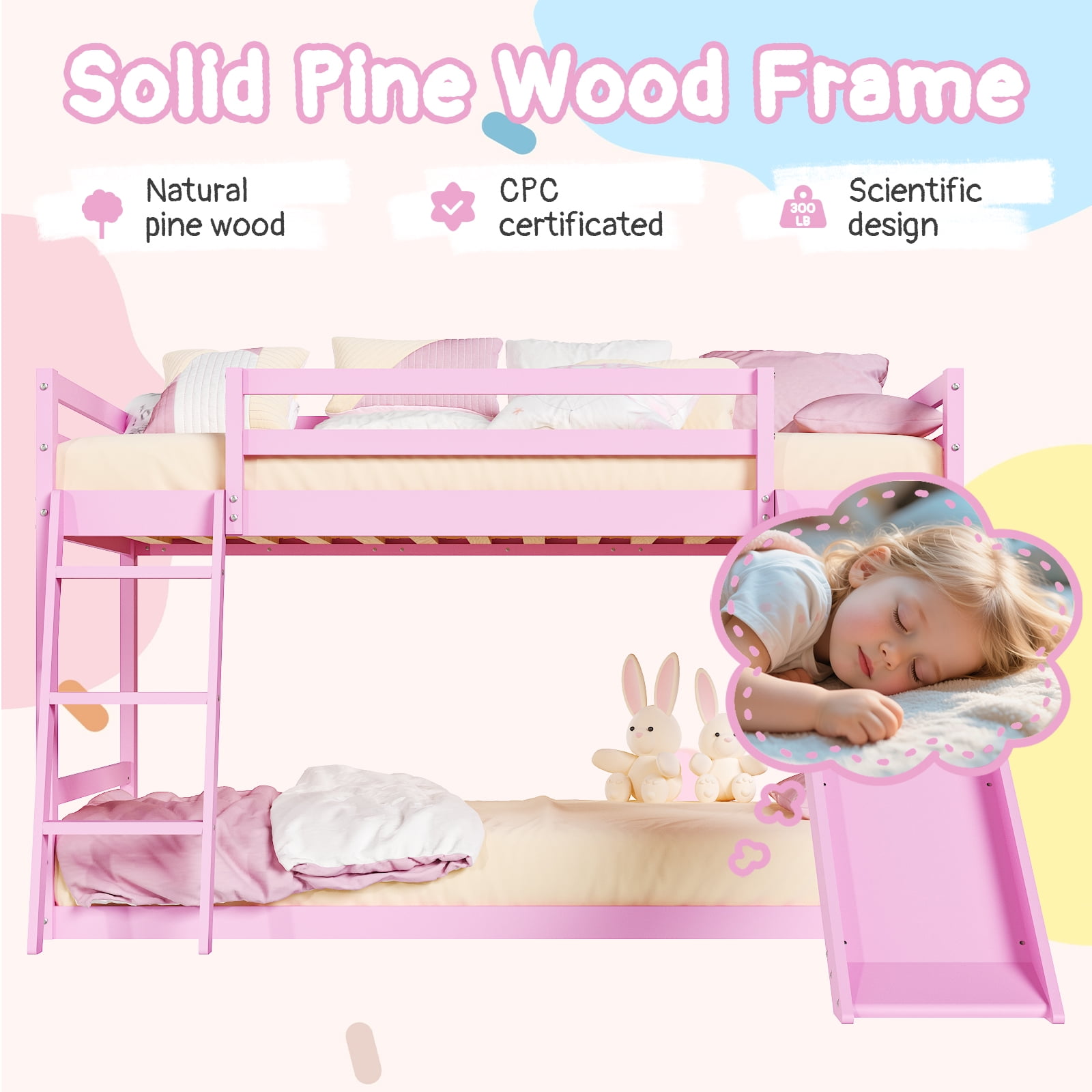 Zimtown Bunk Bed Twin Over Twin, Pink Pine Wood Frame with Slide