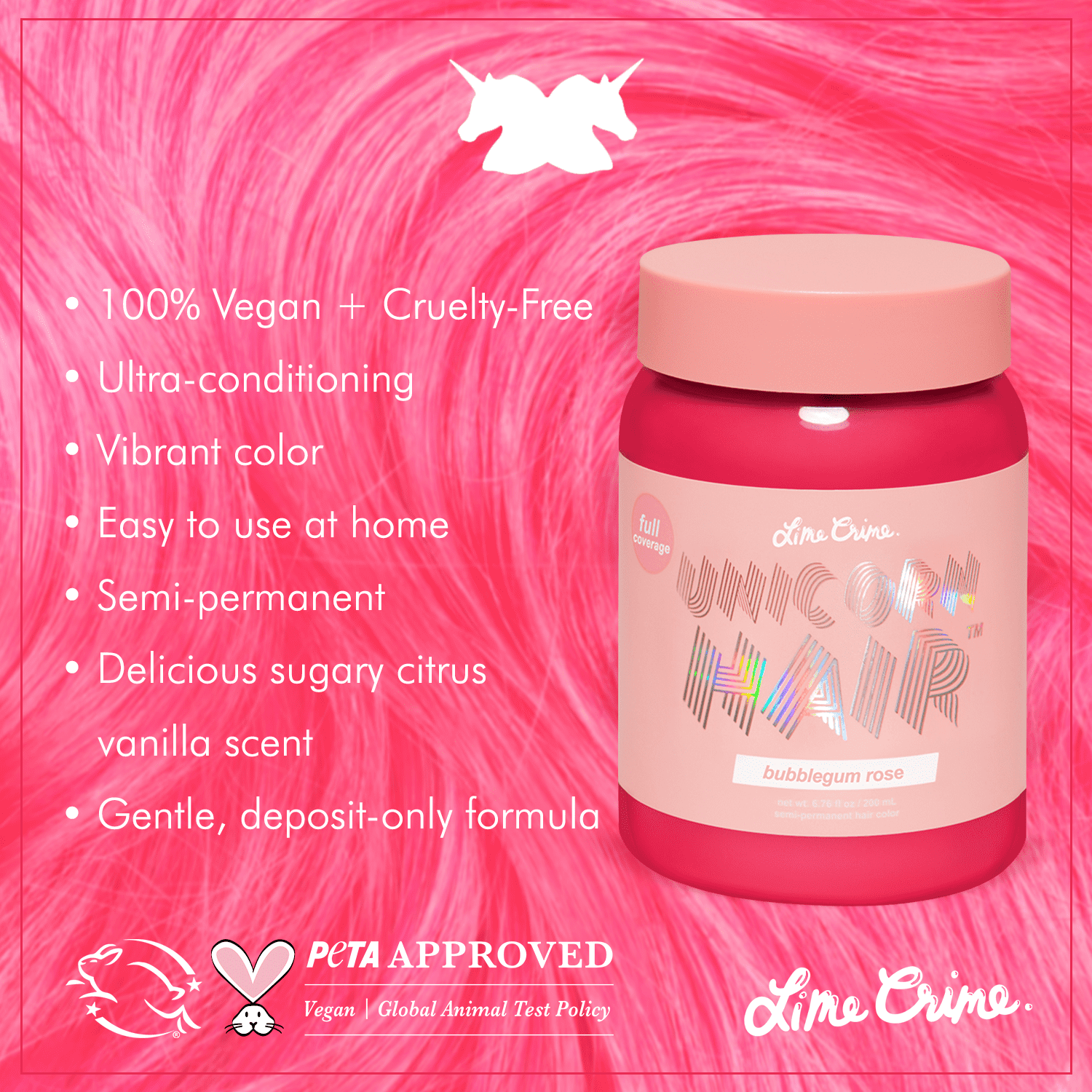 Lime Crime Vegan Semi-Permanent Hair Color Bubblegum Rose Full