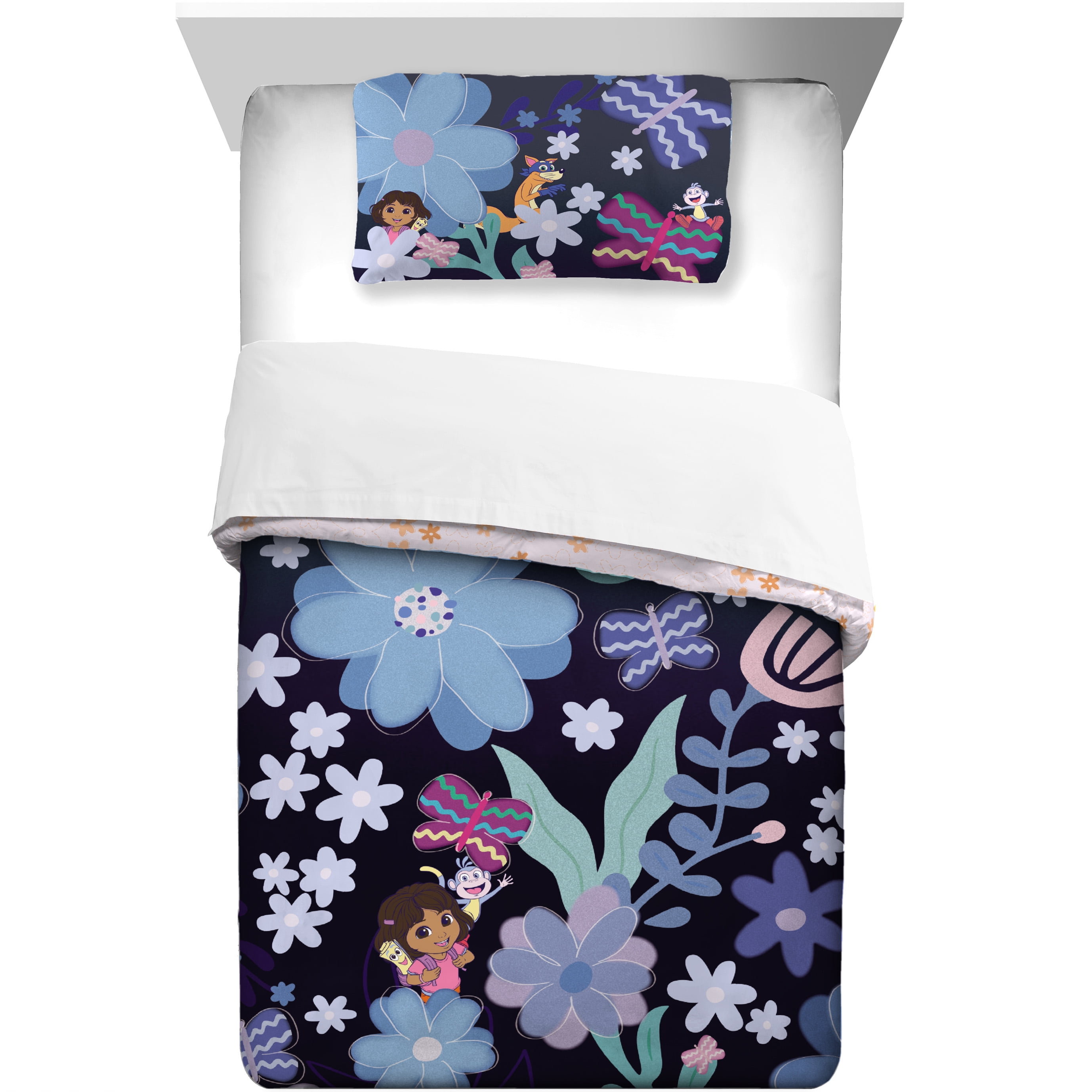 Dora Kids 2 Piece Blue Pink Floral Reversible Comforter and