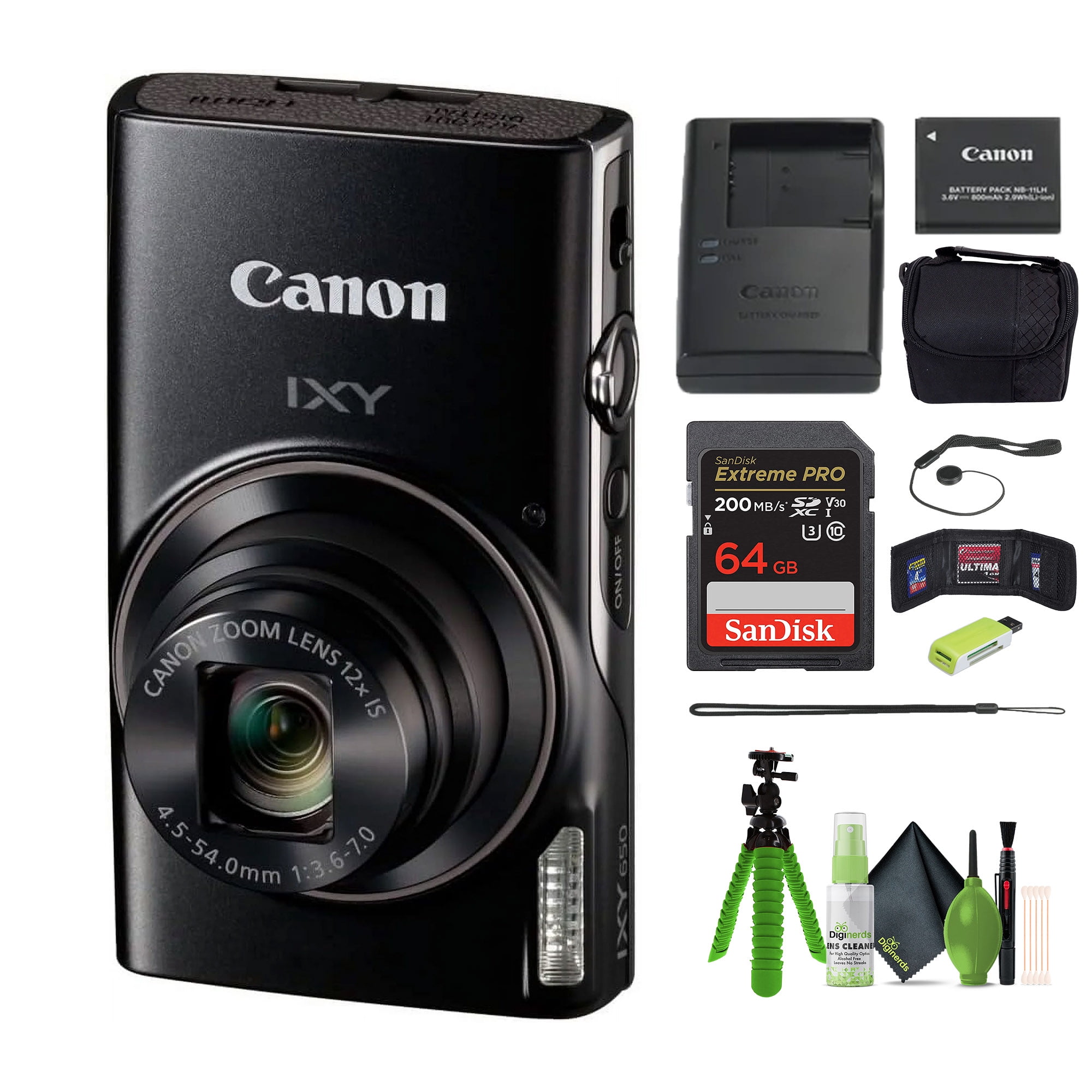 Canon IXY 650 Digital Camera with 12x Zoom, 64GB Card, Tripod