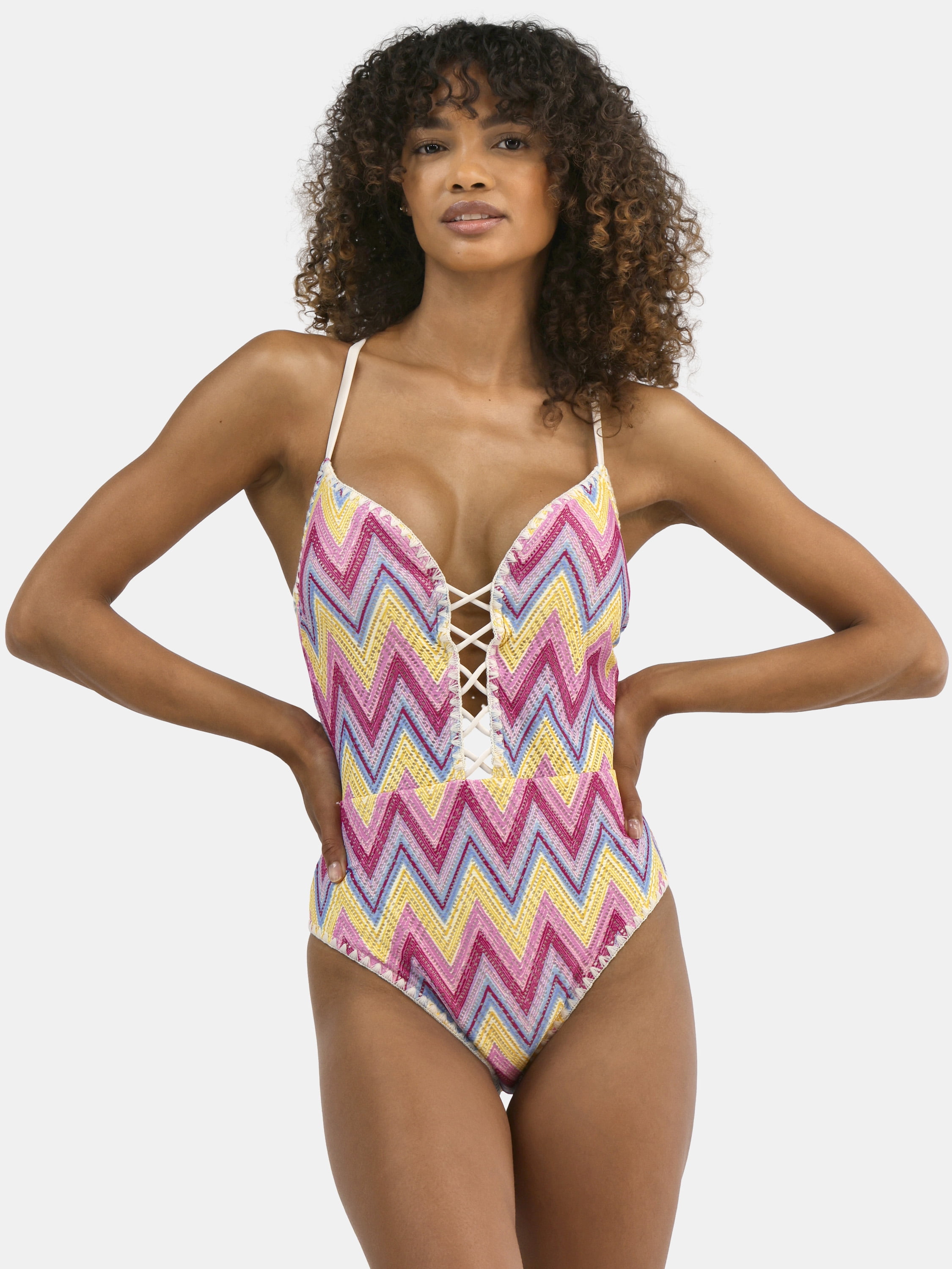 Jessica Simpson Women's Chevron Crochet One Piece Swimsuit, Sizes