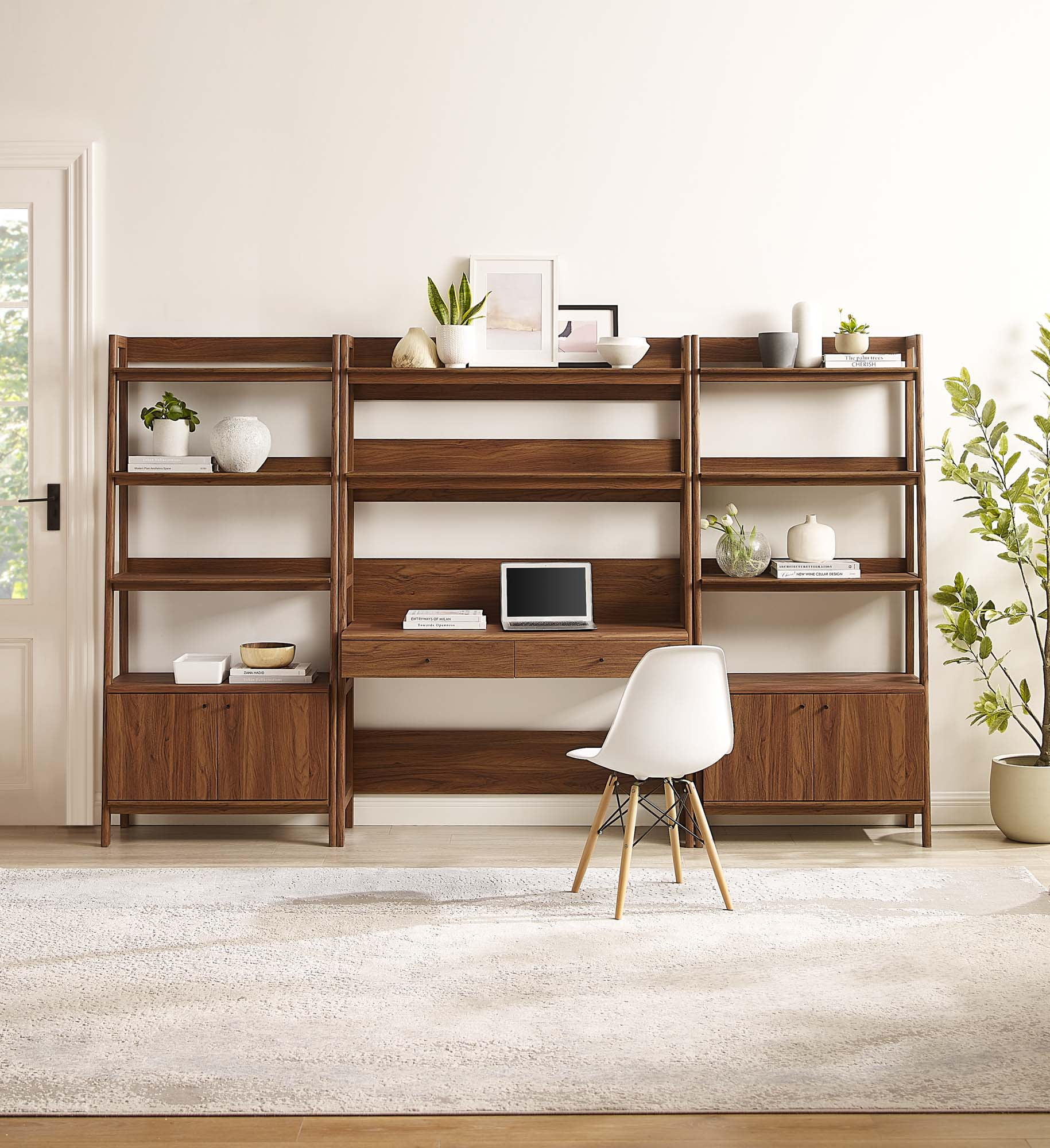 Modway Bixby 3-Piece Wood Office Desk and Bookshelf in Walnut