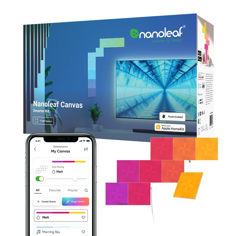 Nanoleaf Canvas Smarter Kit, RGB LED Square Wall Light Panels, 9