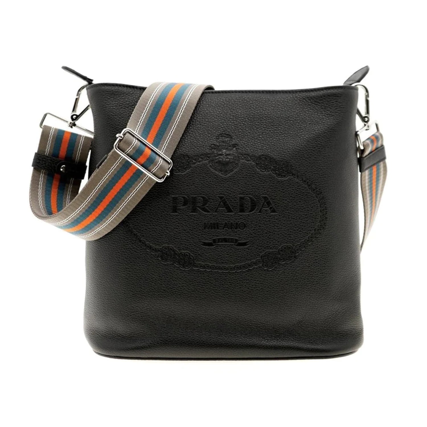New Prada Vitello Phenix Black Leather Web Strap Crossbody Bucket