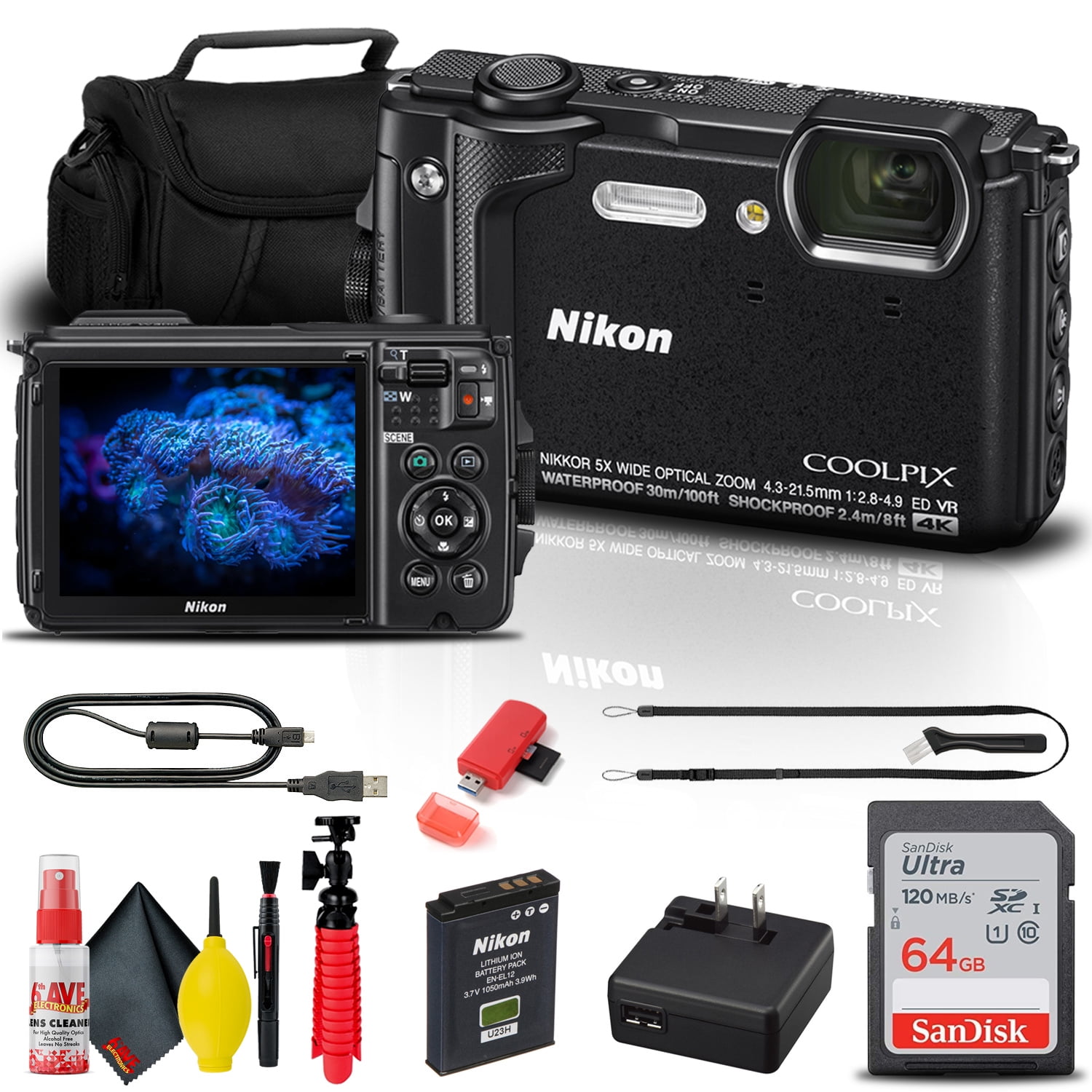 Câmara digital Nikon COOLPIX W300 com cartão e bolsa de 64 GB