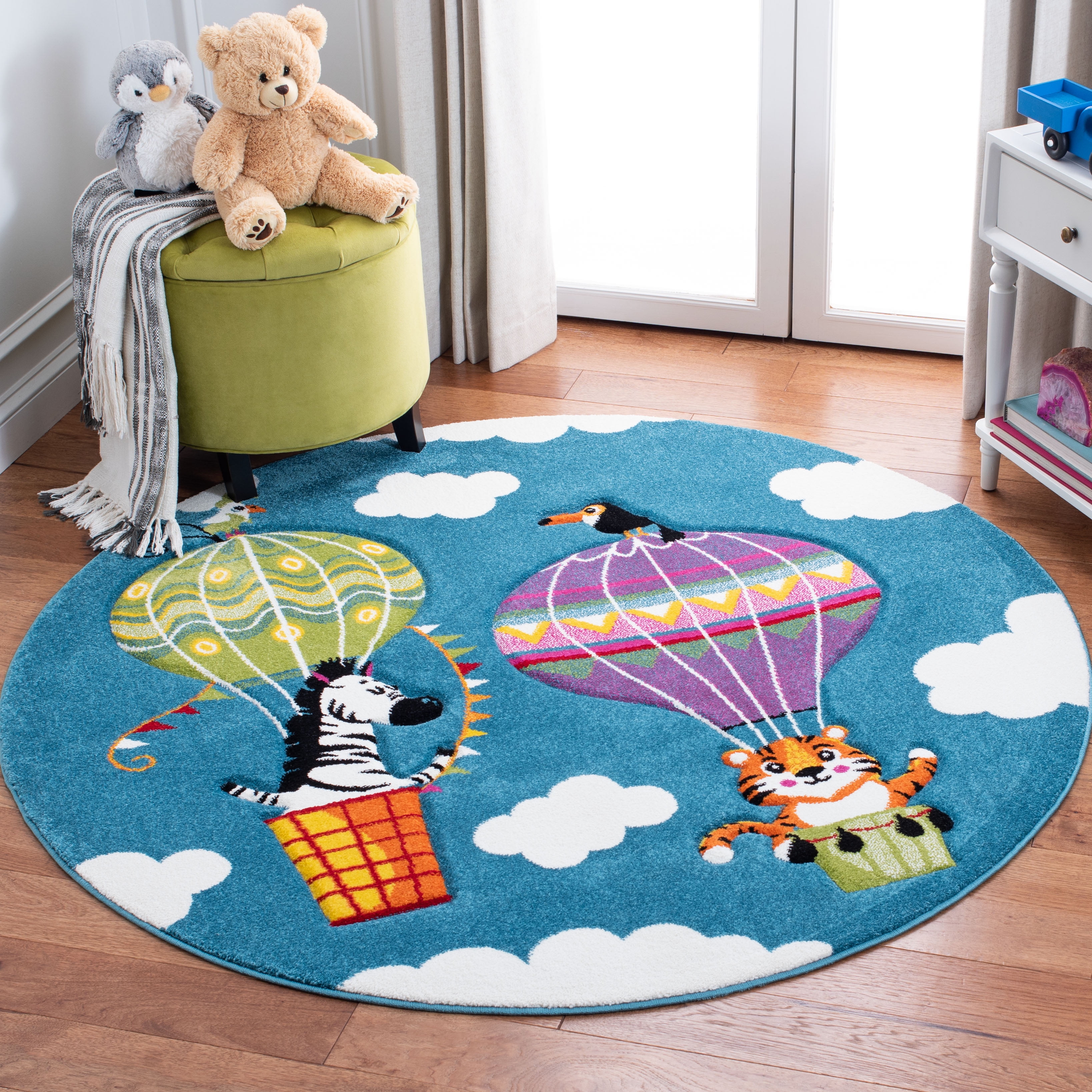 SAFAVIEH Carousel Kids Fun in Hot Air Balloon Area Rug, Blue/Green