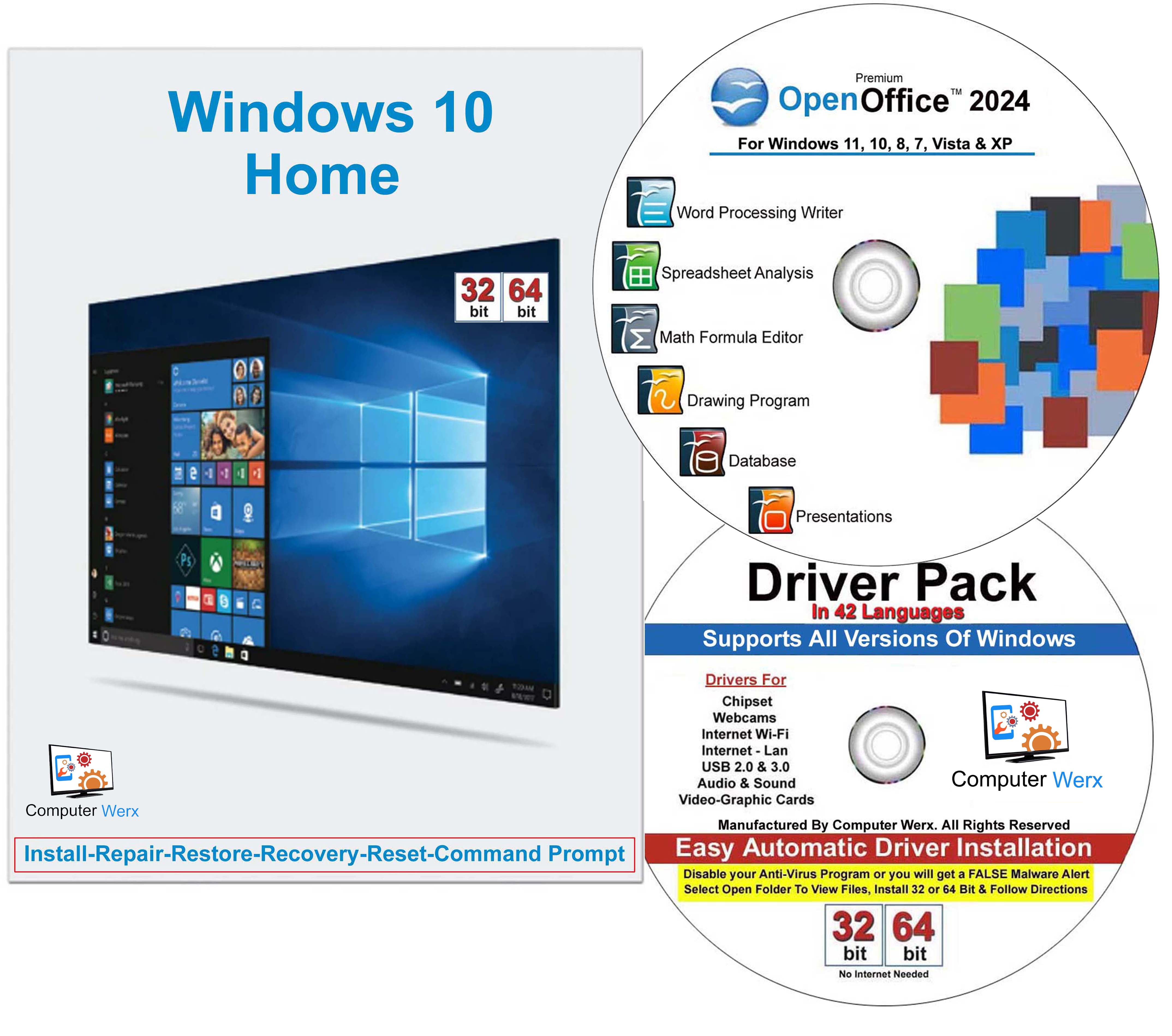 Free Shipping! Computer Werx Windows 10 Home DVD Key Install